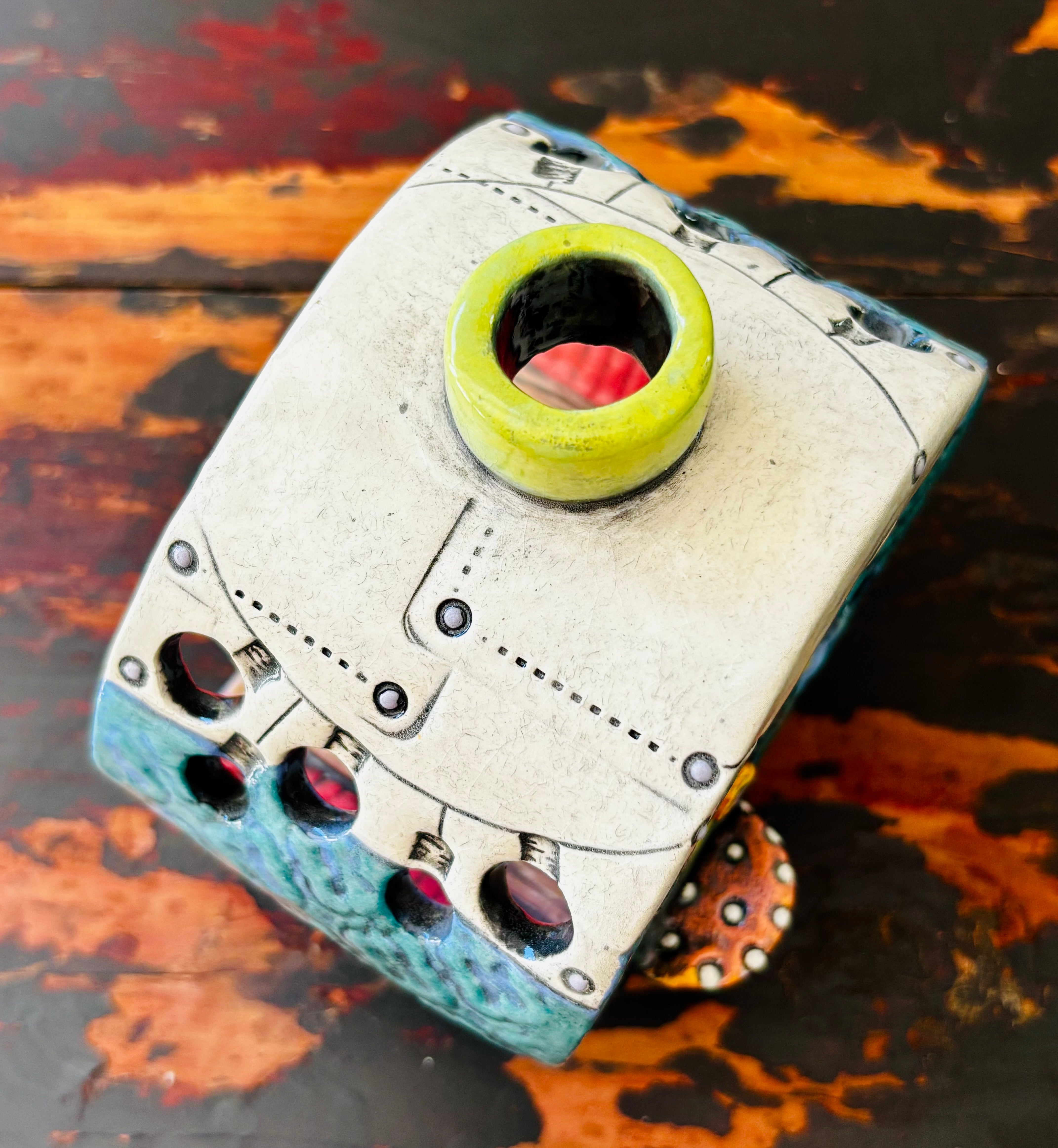 Handmade Ceramic Caravan Tea Light Lantern (Blue)