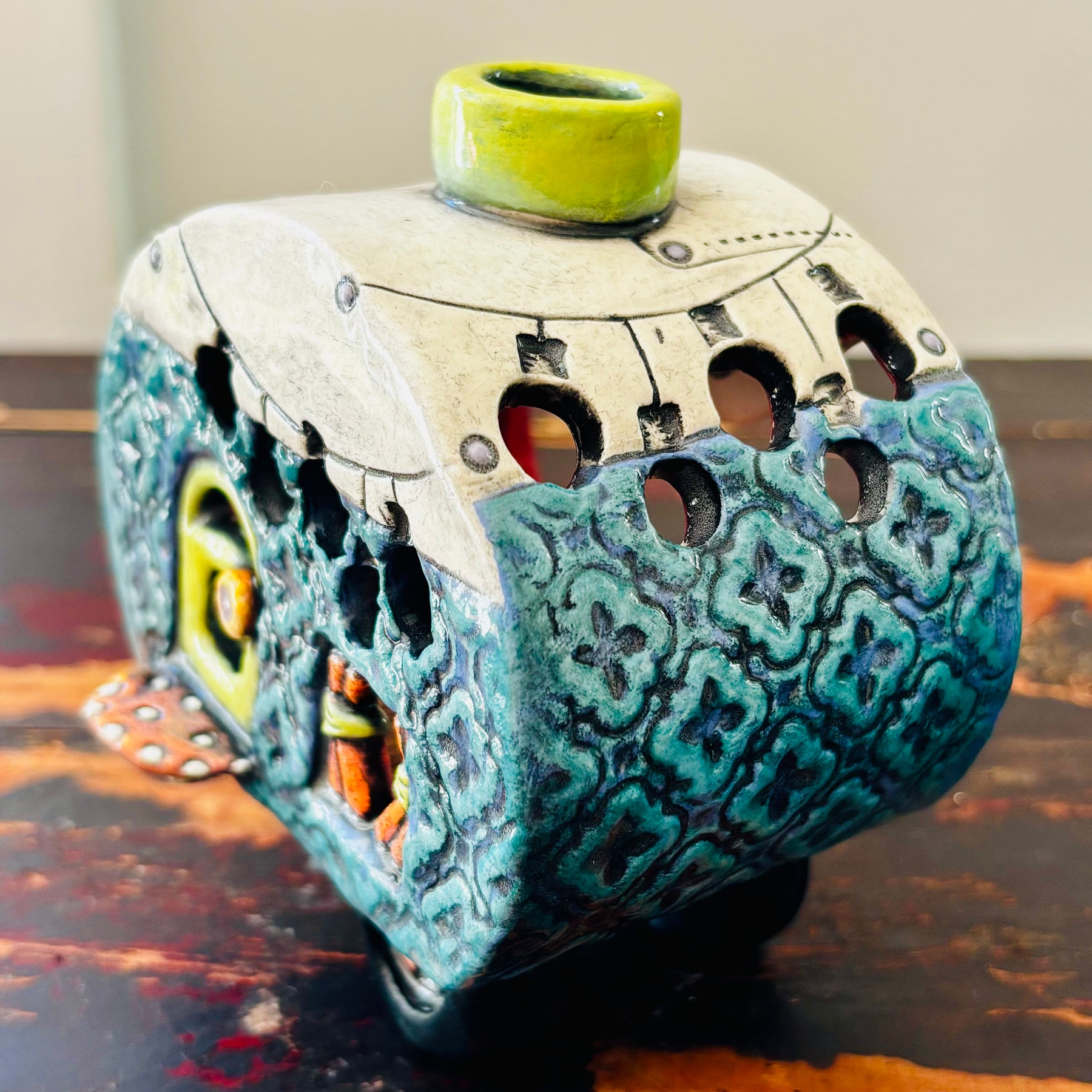 Handmade Ceramic Caravan Tea Light Lantern (Blue)