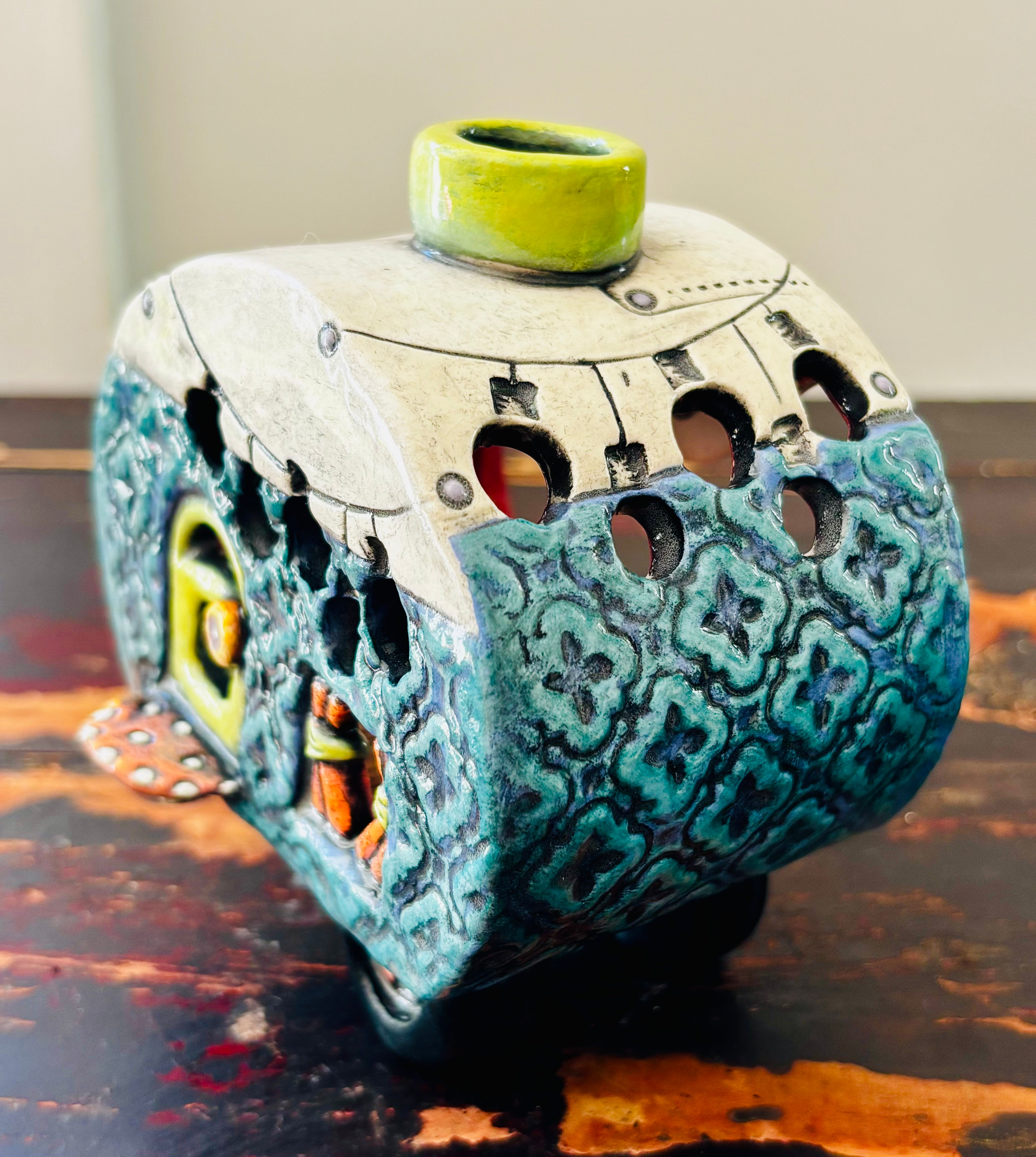 Handmade Ceramic Caravan Tea Light Lantern (Blue)