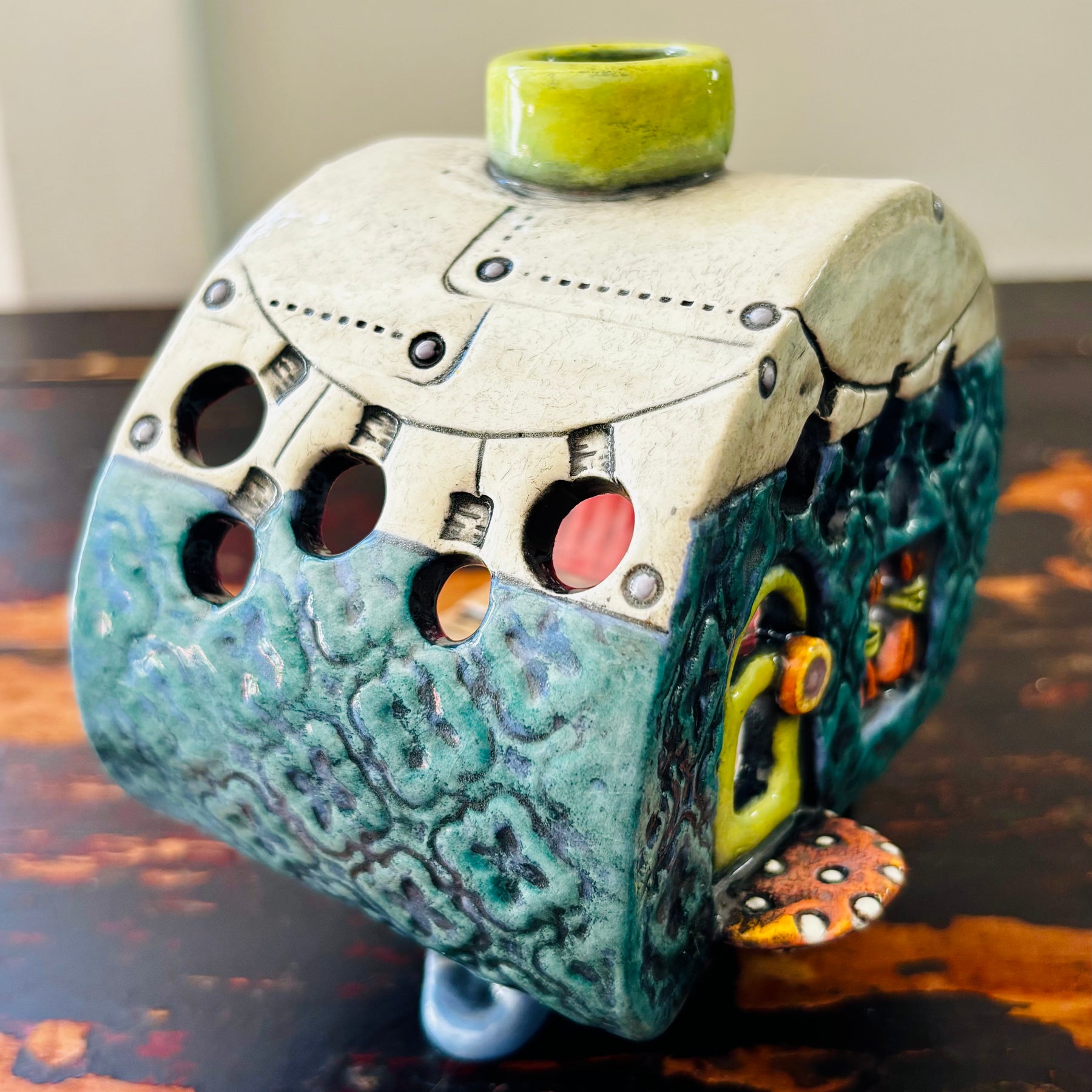 Handmade Ceramic Caravan Tea Light Lantern (Blue)