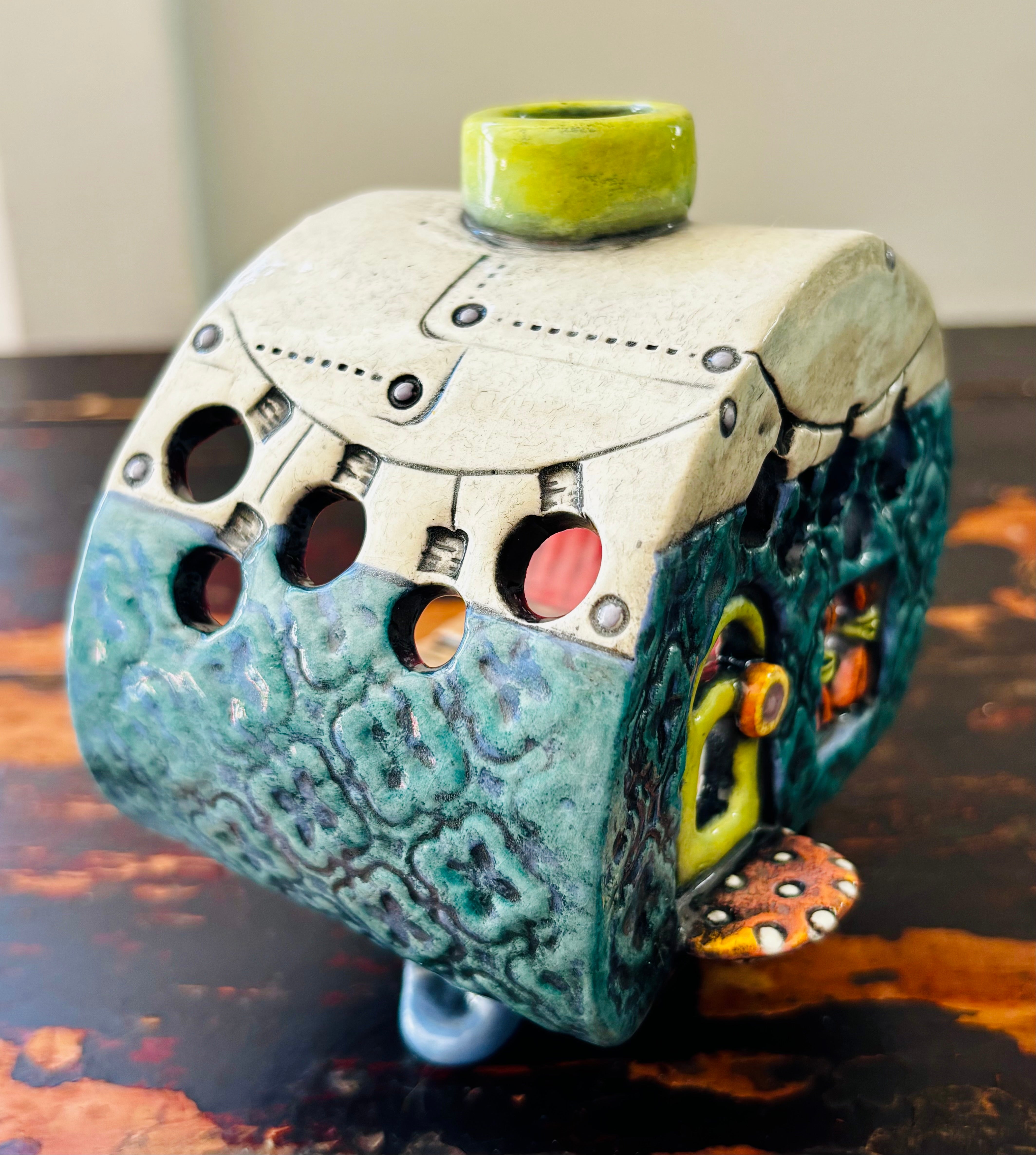 Handmade Ceramic Caravan Tea Light Lantern (Blue)