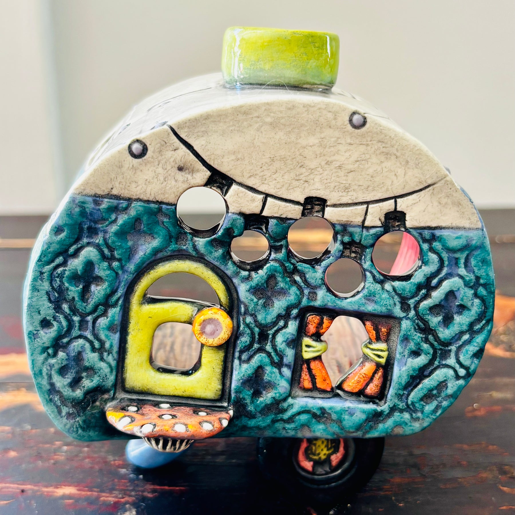 Handmade Ceramic Caravan Tea Light Lantern (Blue)