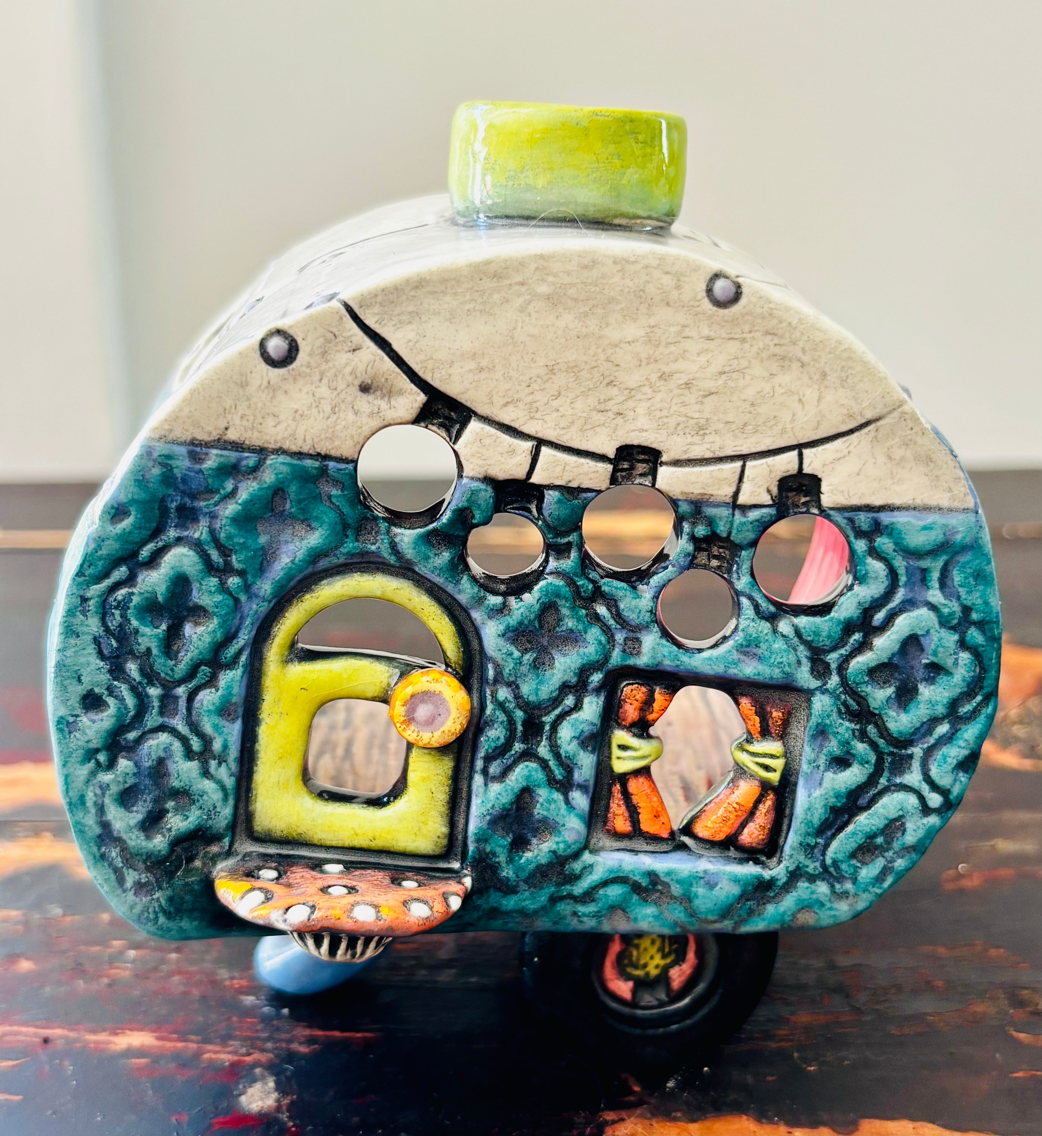 Handmade Ceramic Caravan Tea Light Lantern (Blue)