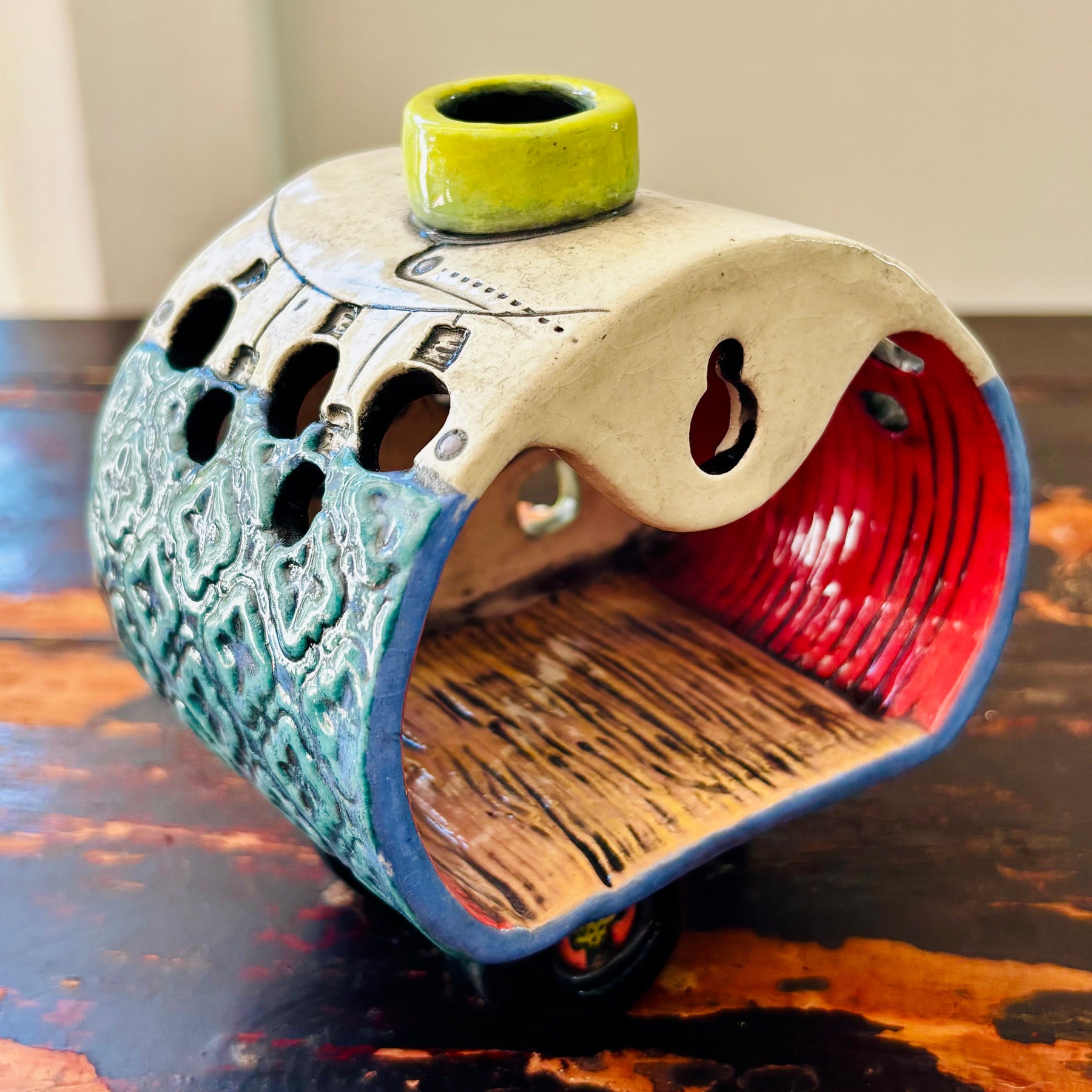 Handmade Ceramic Caravan Tea Light Lantern (Blue)