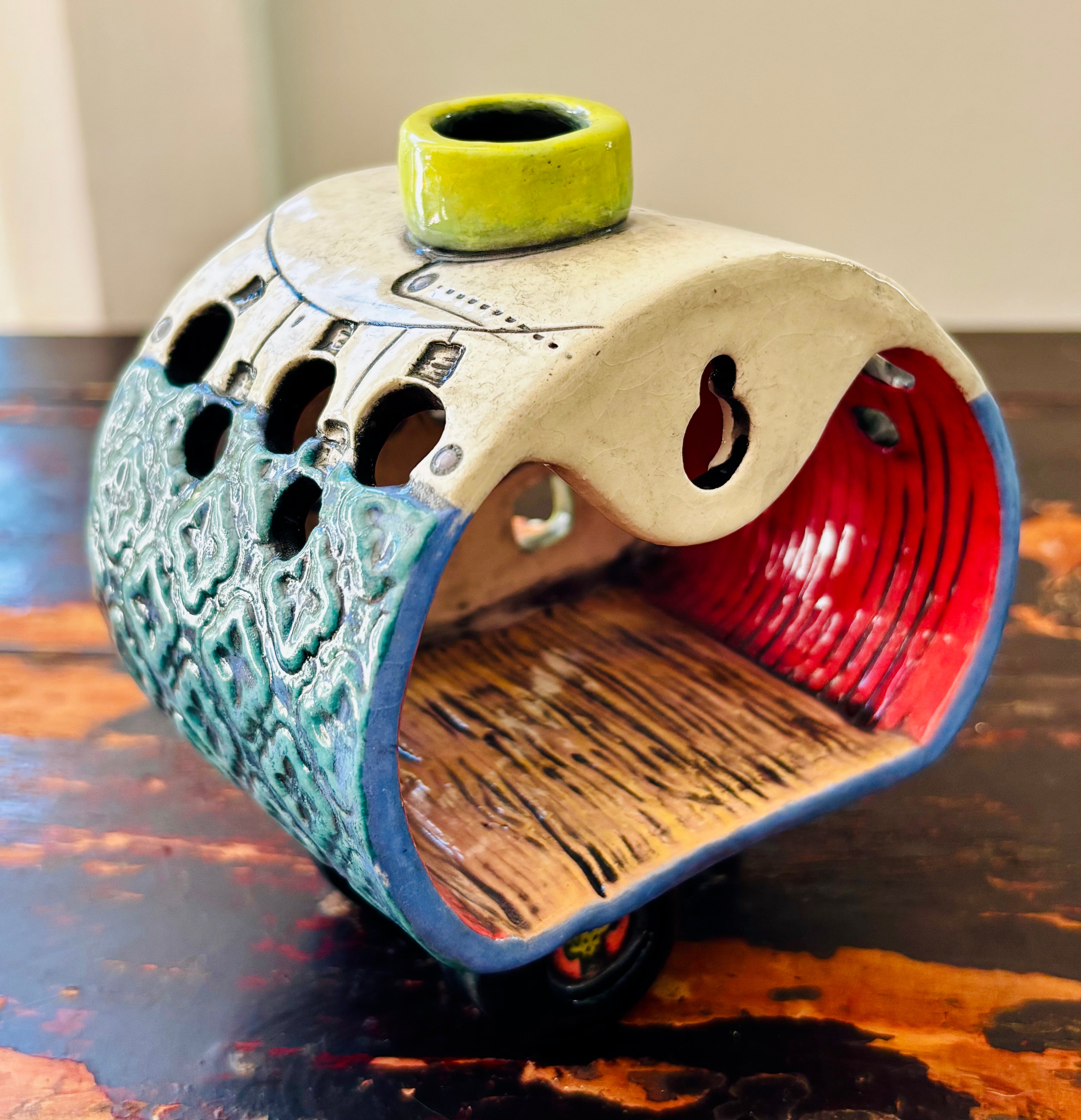 Handmade Ceramic Caravan Tea Light Lantern (Blue)