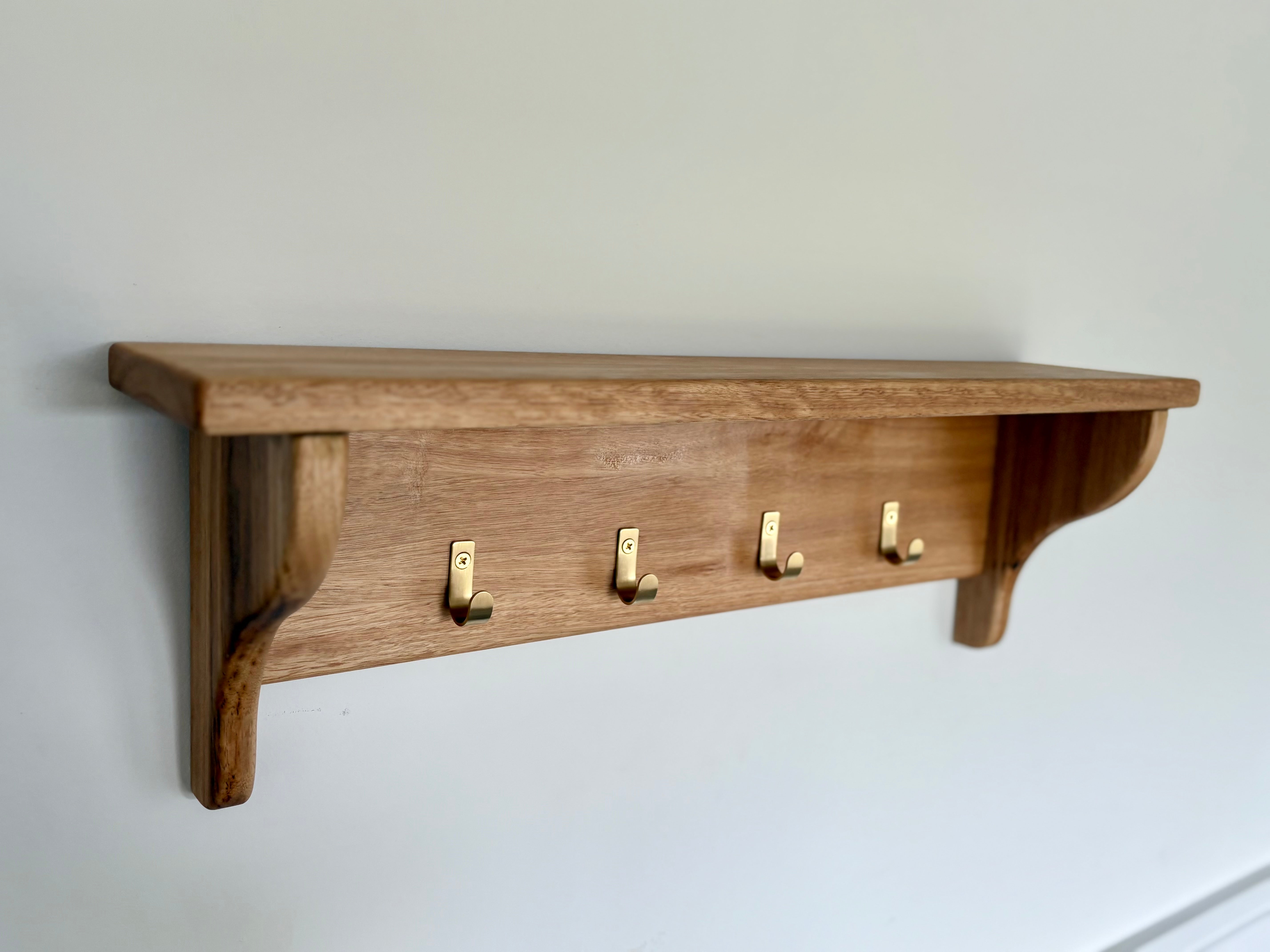 Blackbutt wall shelf with gold hooks