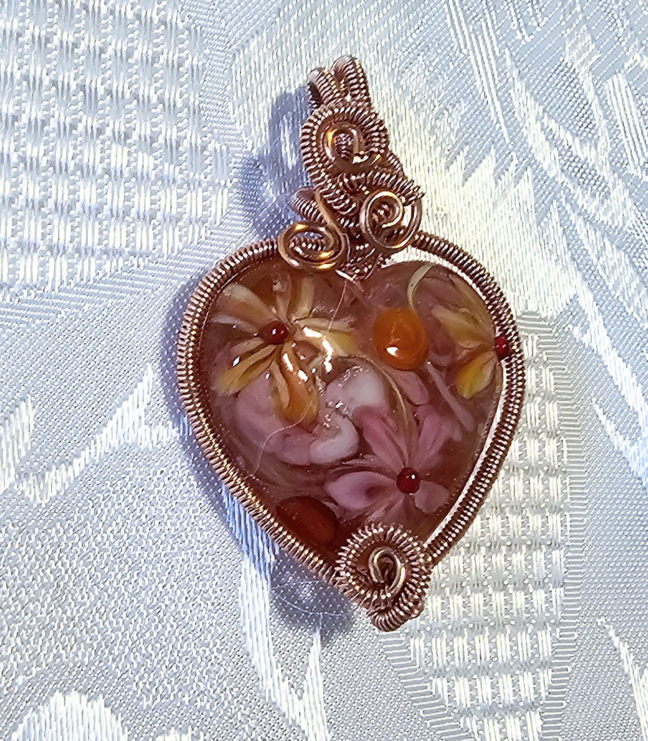 Gorgeous Pink Artisan Made Lampwork Heart Wire Wrapped by me!