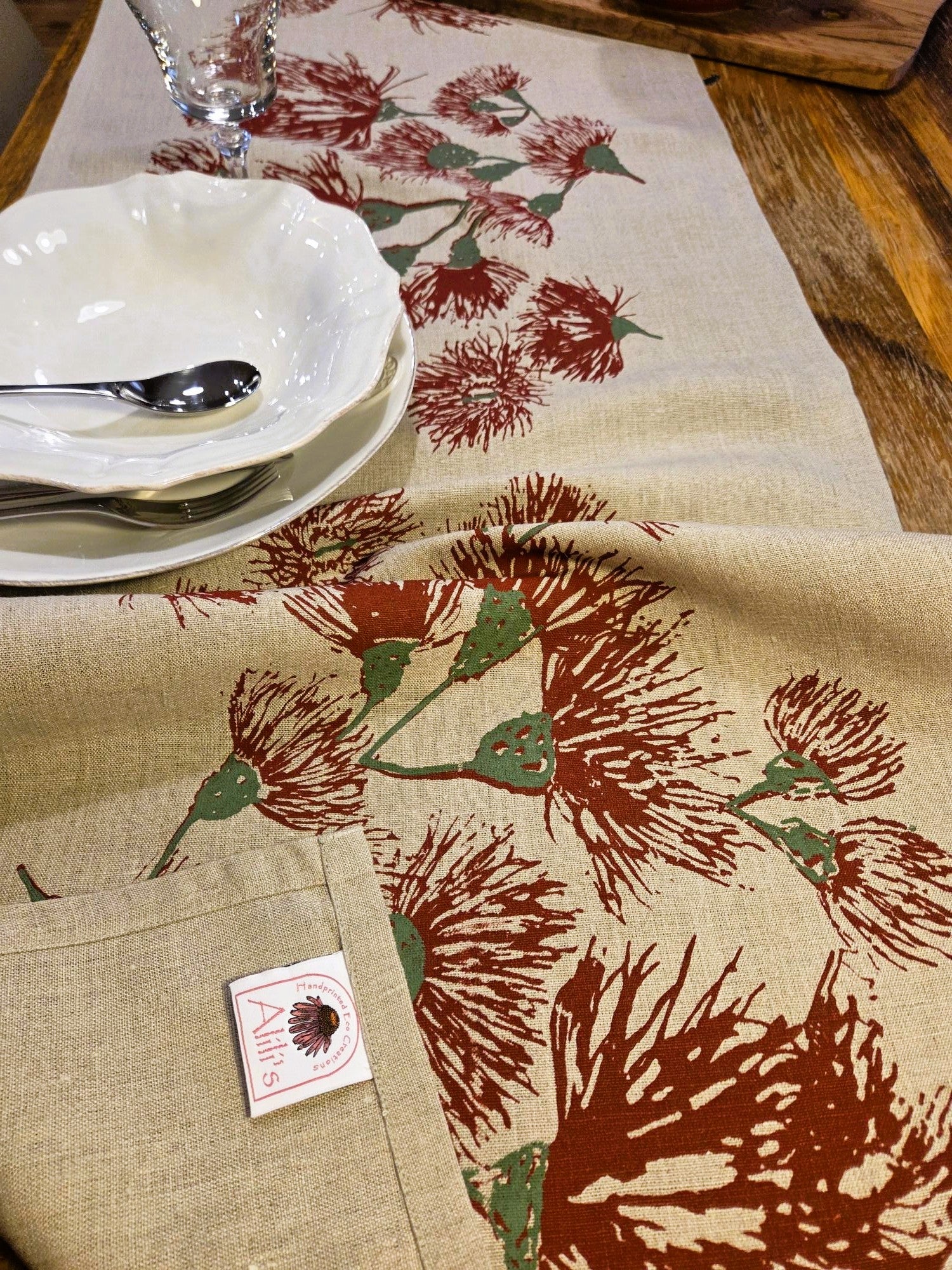 Hand Screen Printed Linen Table Runners-Eucalypt Festive Blossoms