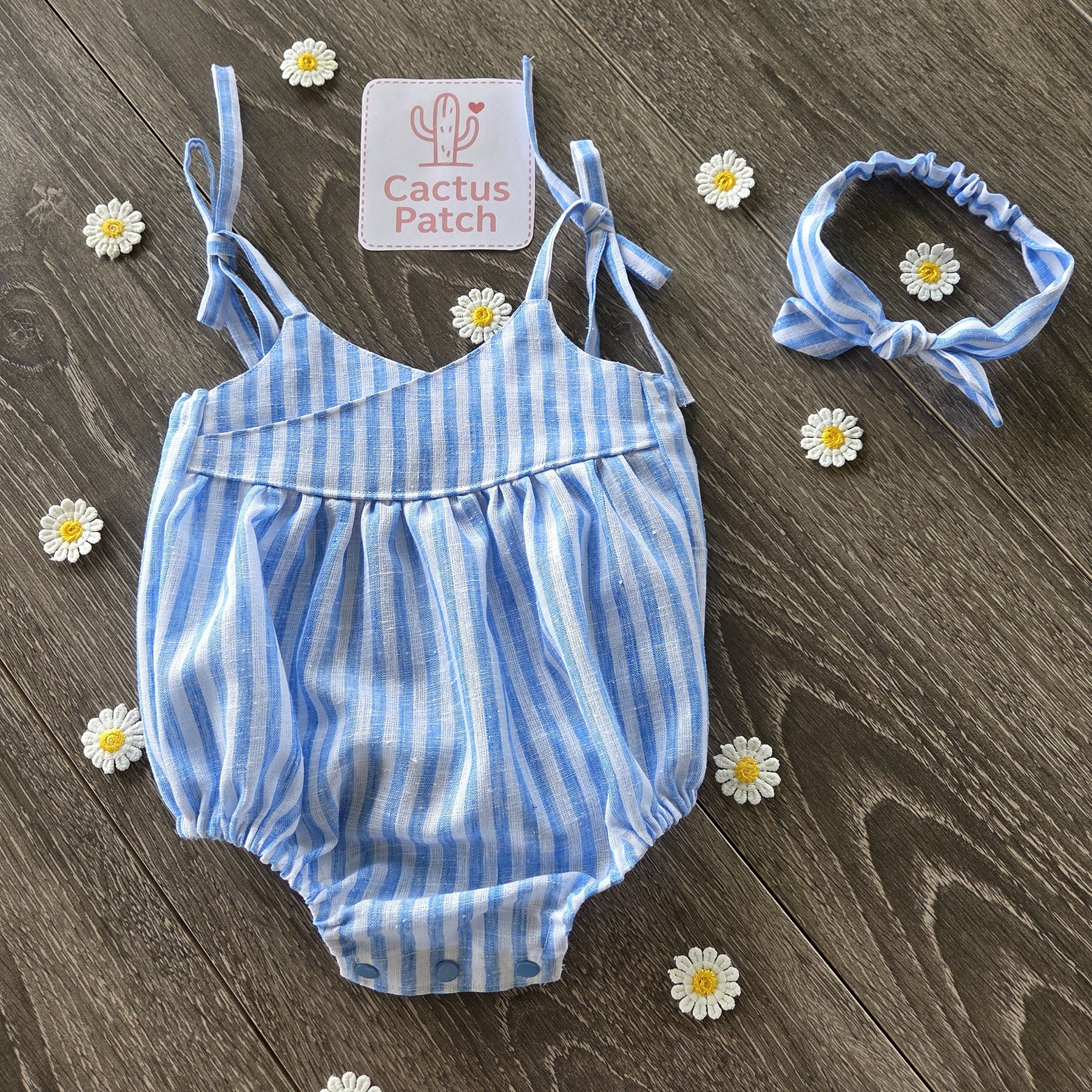 "Striped Sunshine" Romper & Head Bow - 3-6 Months