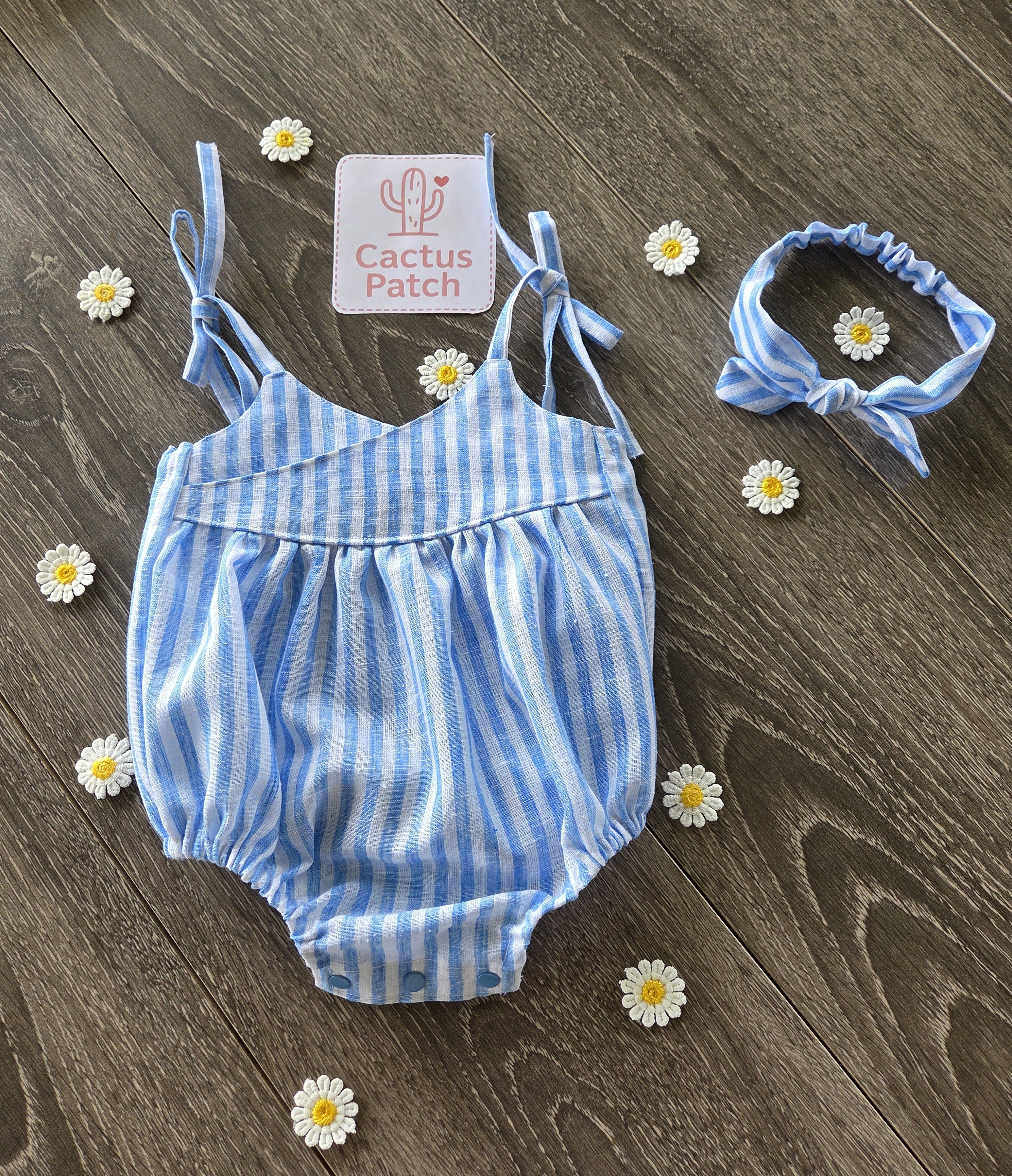 "Striped Sunshine" Romper & Head Bow - 3-6 Months