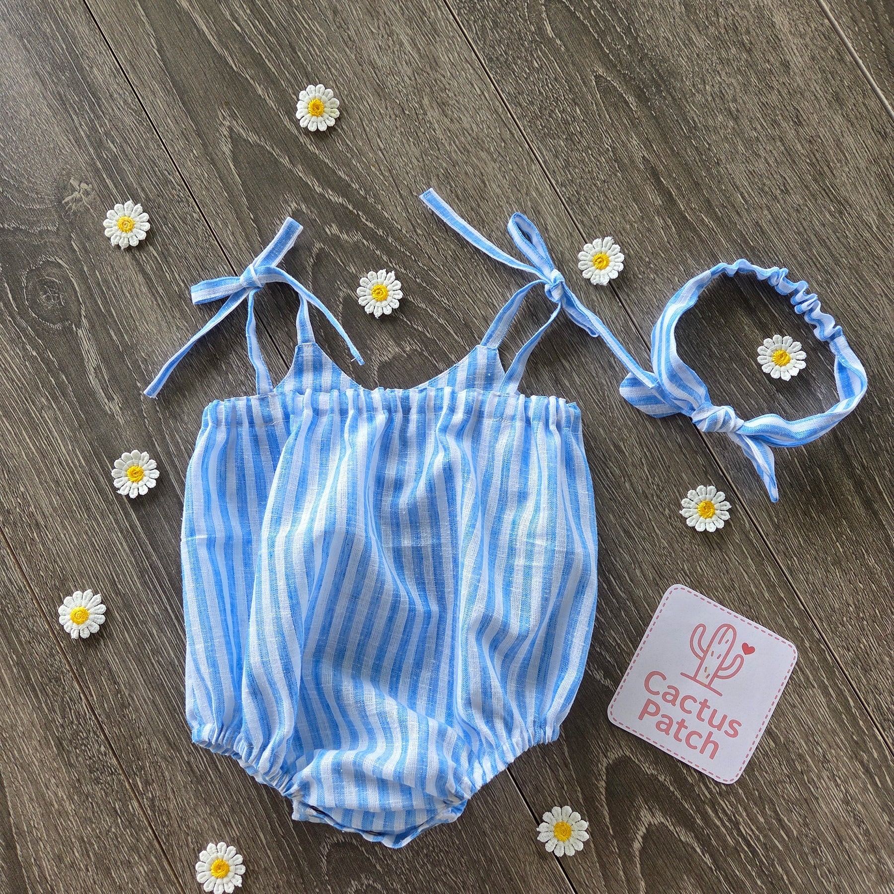 "Striped Sunshine" Romper & Head Bow - 3-6 Months