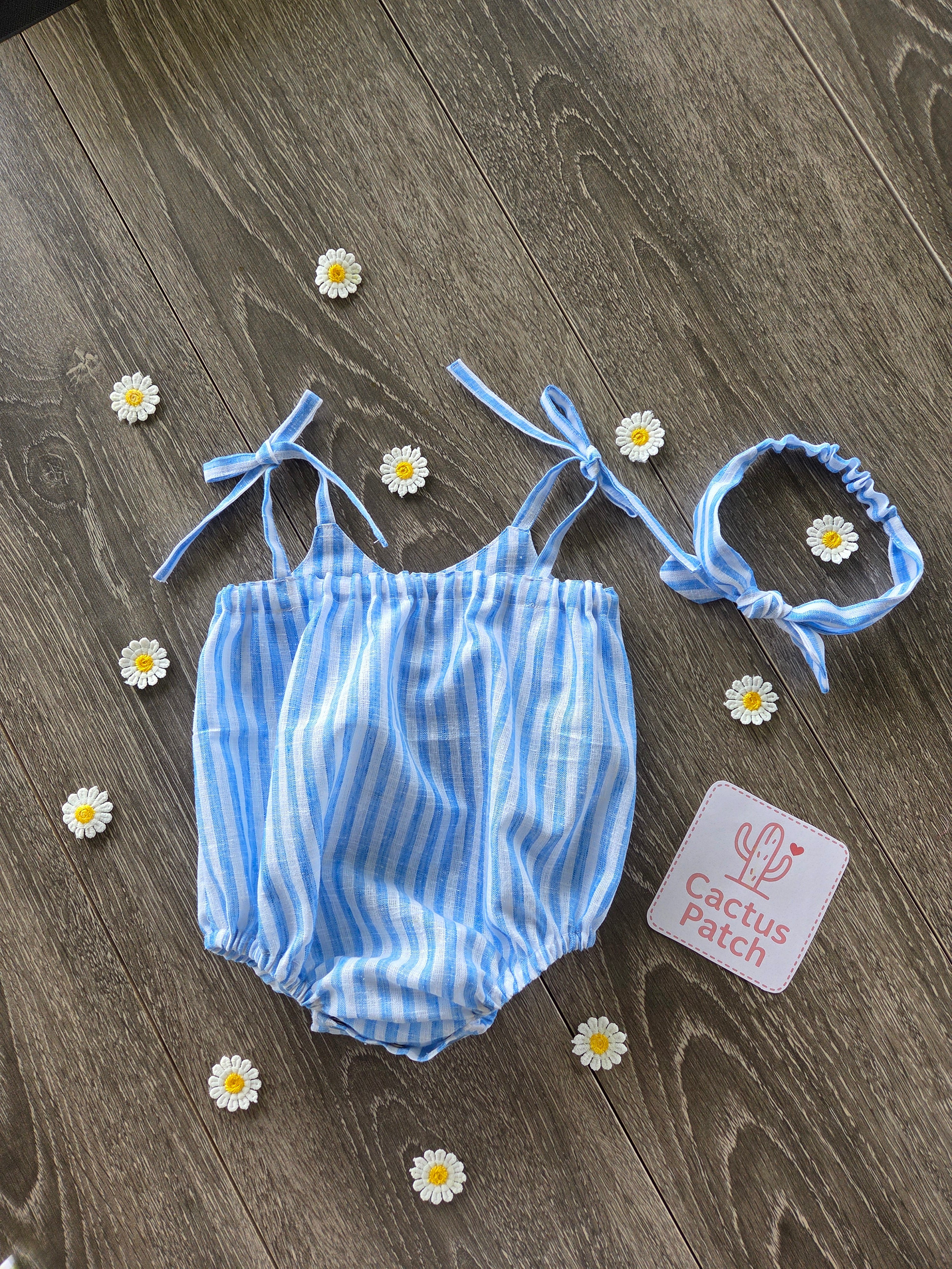 "Striped Sunshine" Romper & Head Bow - 3-6 Months