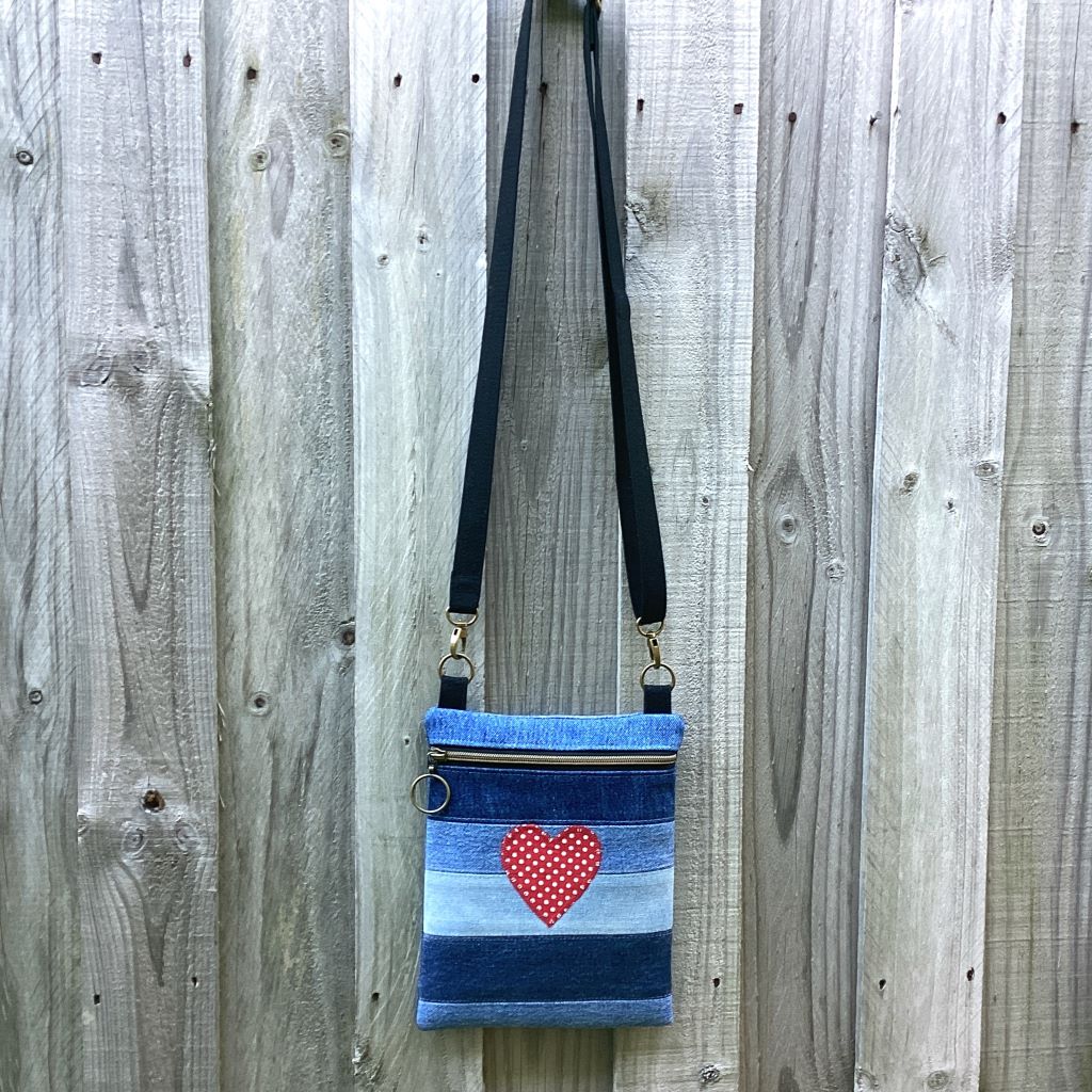 Upcycled Denim Crossbody Bag - Red Polka Dot Heart