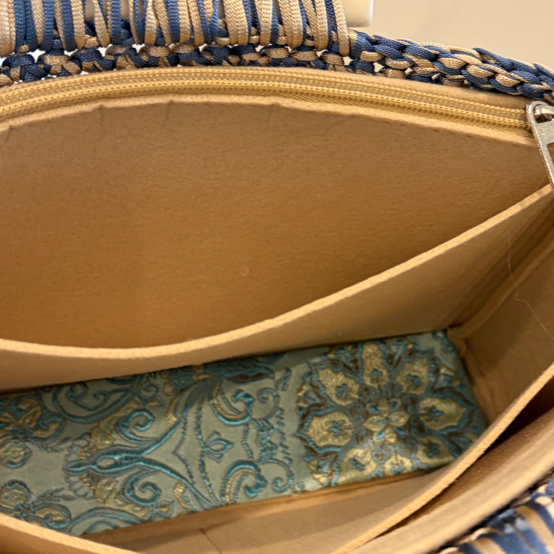 No 7 Blue &Cream Crocheted Night Out Wide Bag