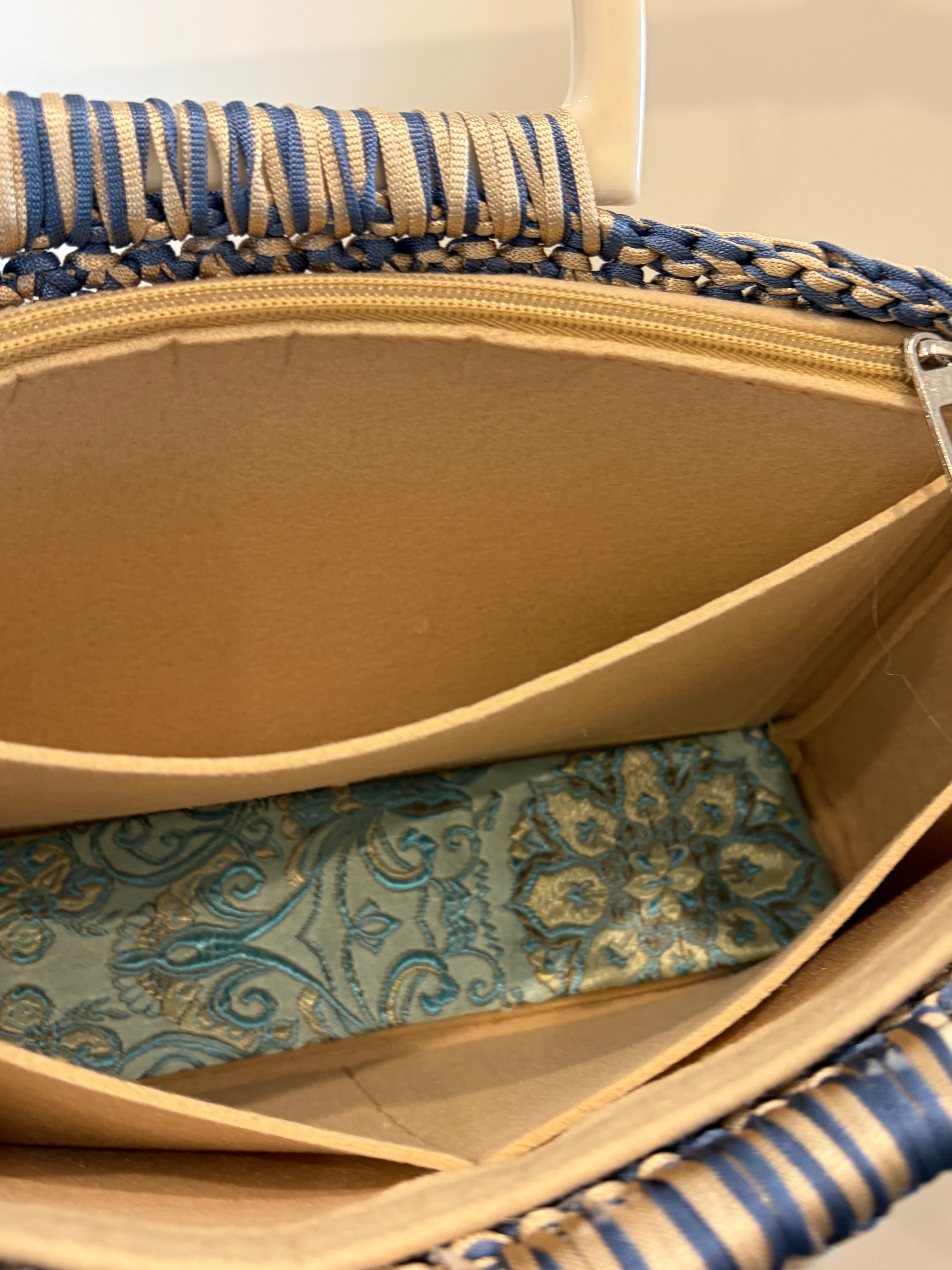 No 7 Blue &Cream Crocheted Night Out Wide Bag