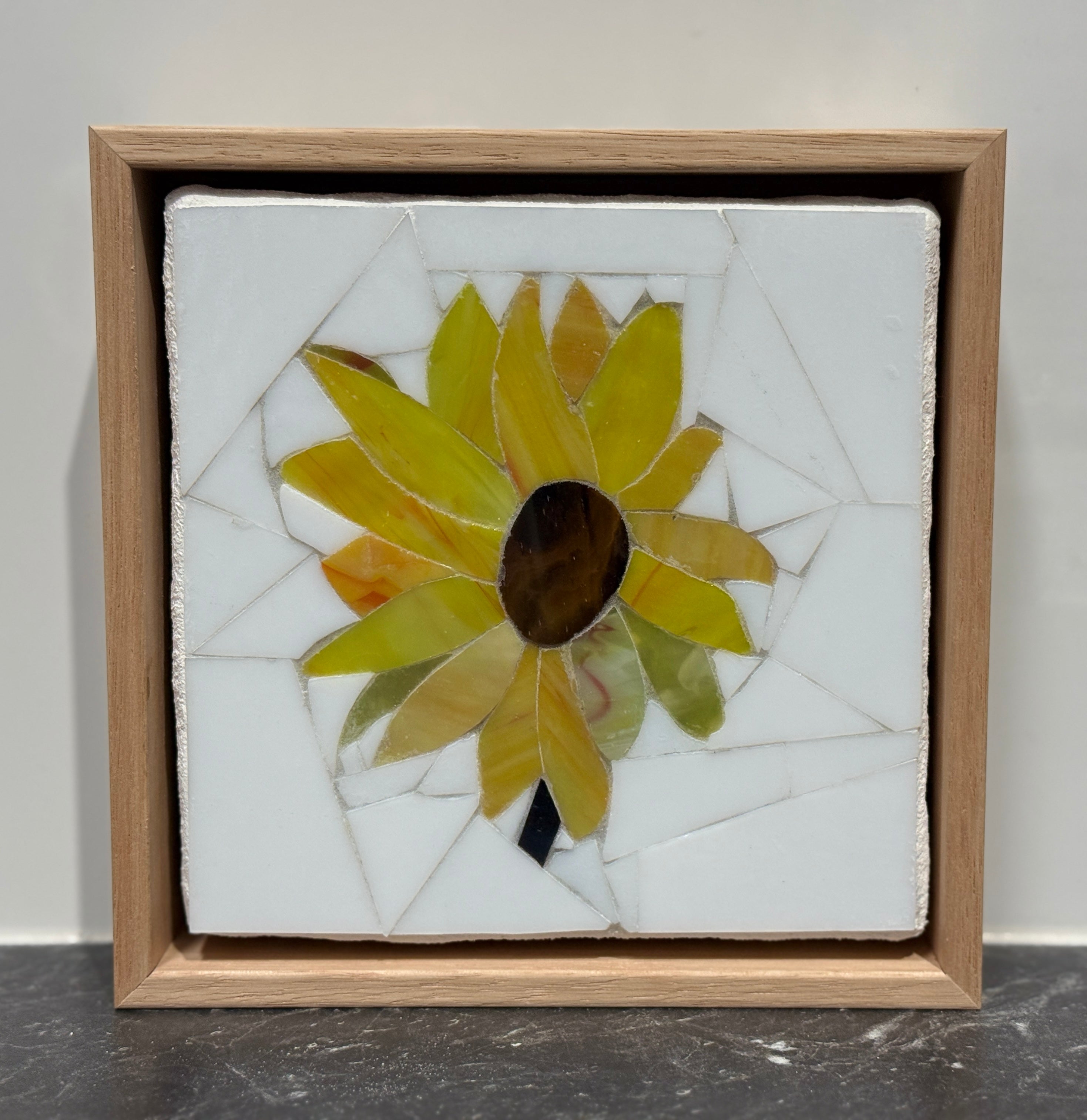 Stained Glass Mosaic Sunflower Framed in Oak