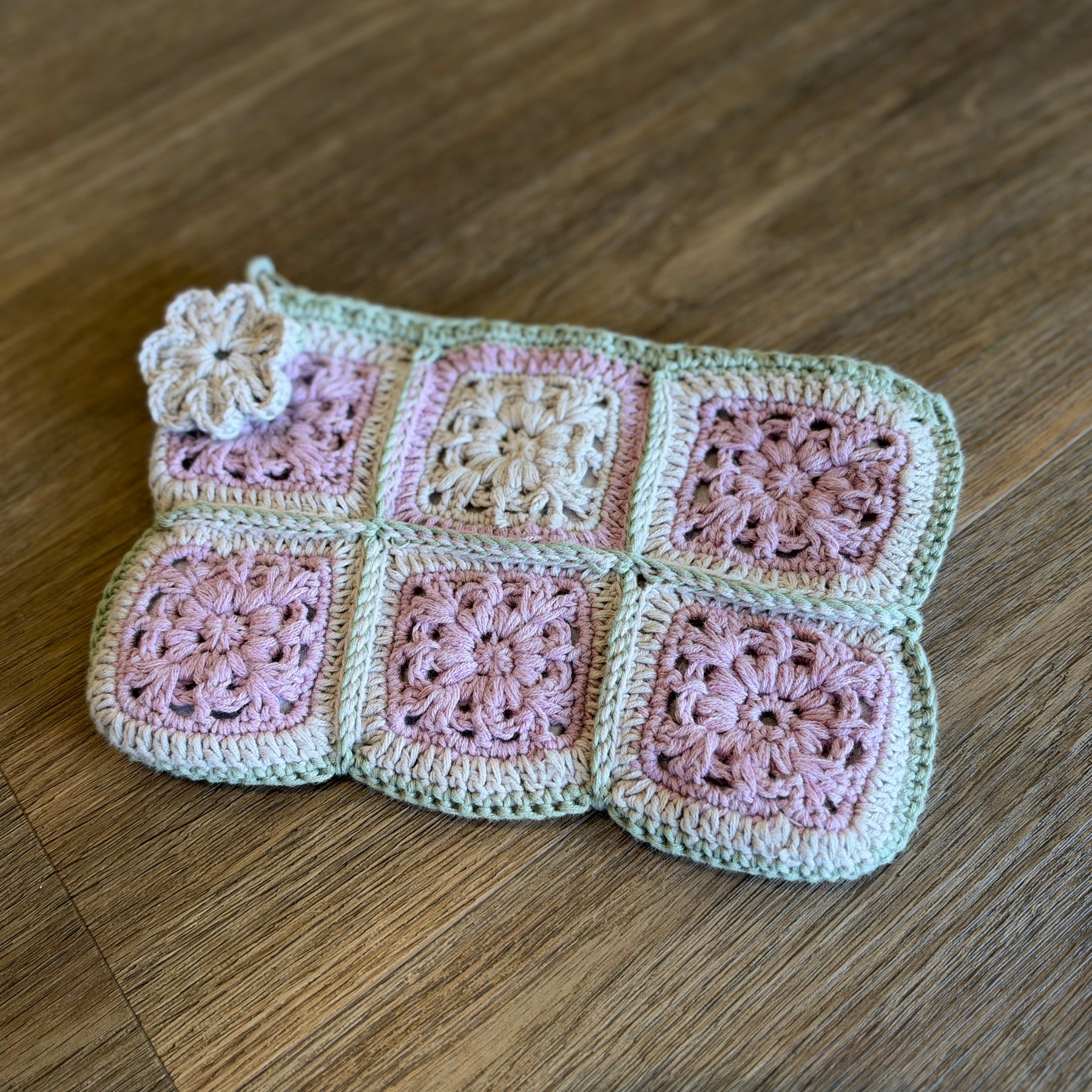 Pastel Pink & Sage Crochet Pouch – Handmade Granny Square Makeup Bag