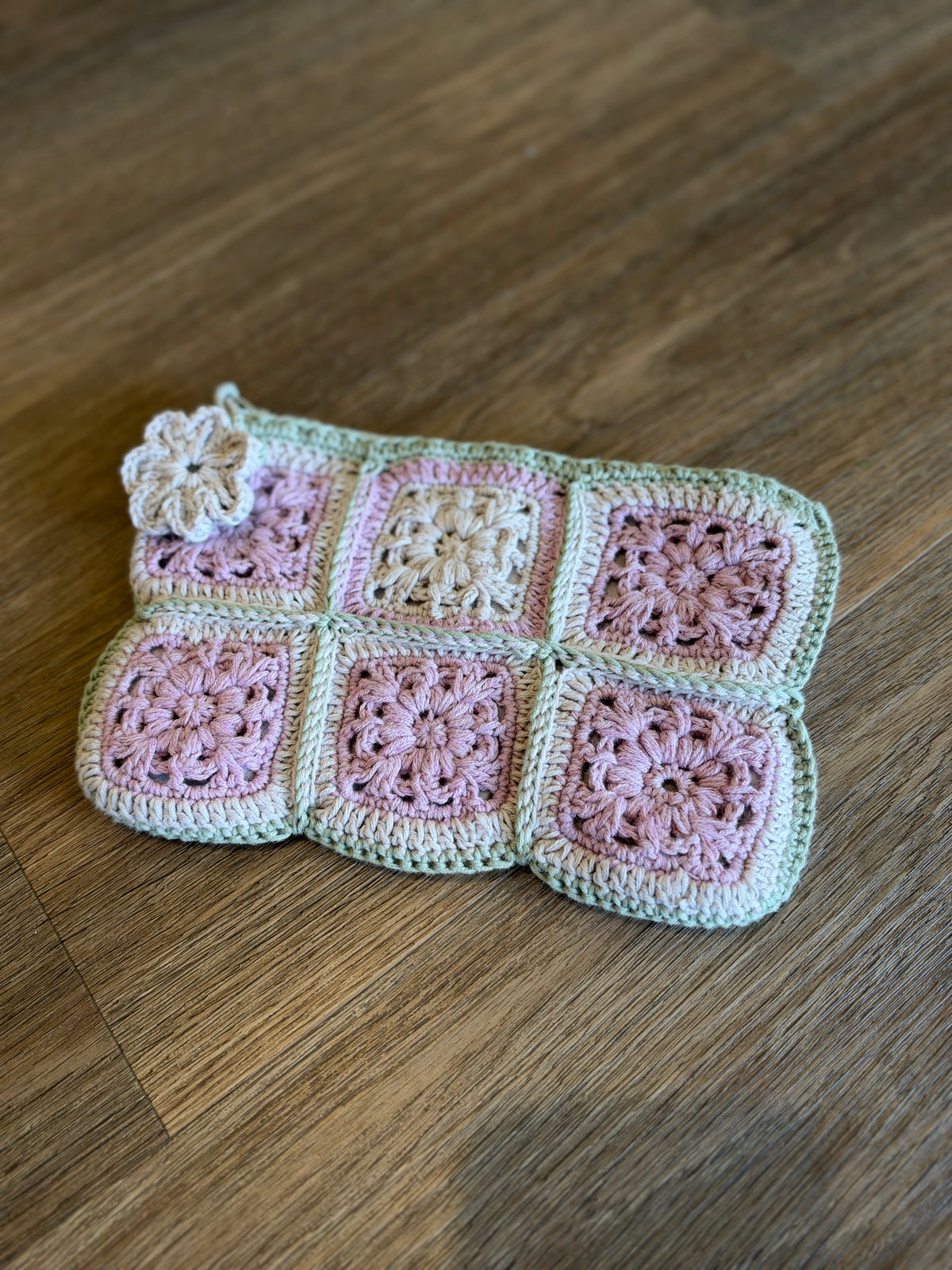 Pastel Pink & Sage Crochet Pouch – Handmade Granny Square Makeup Bag