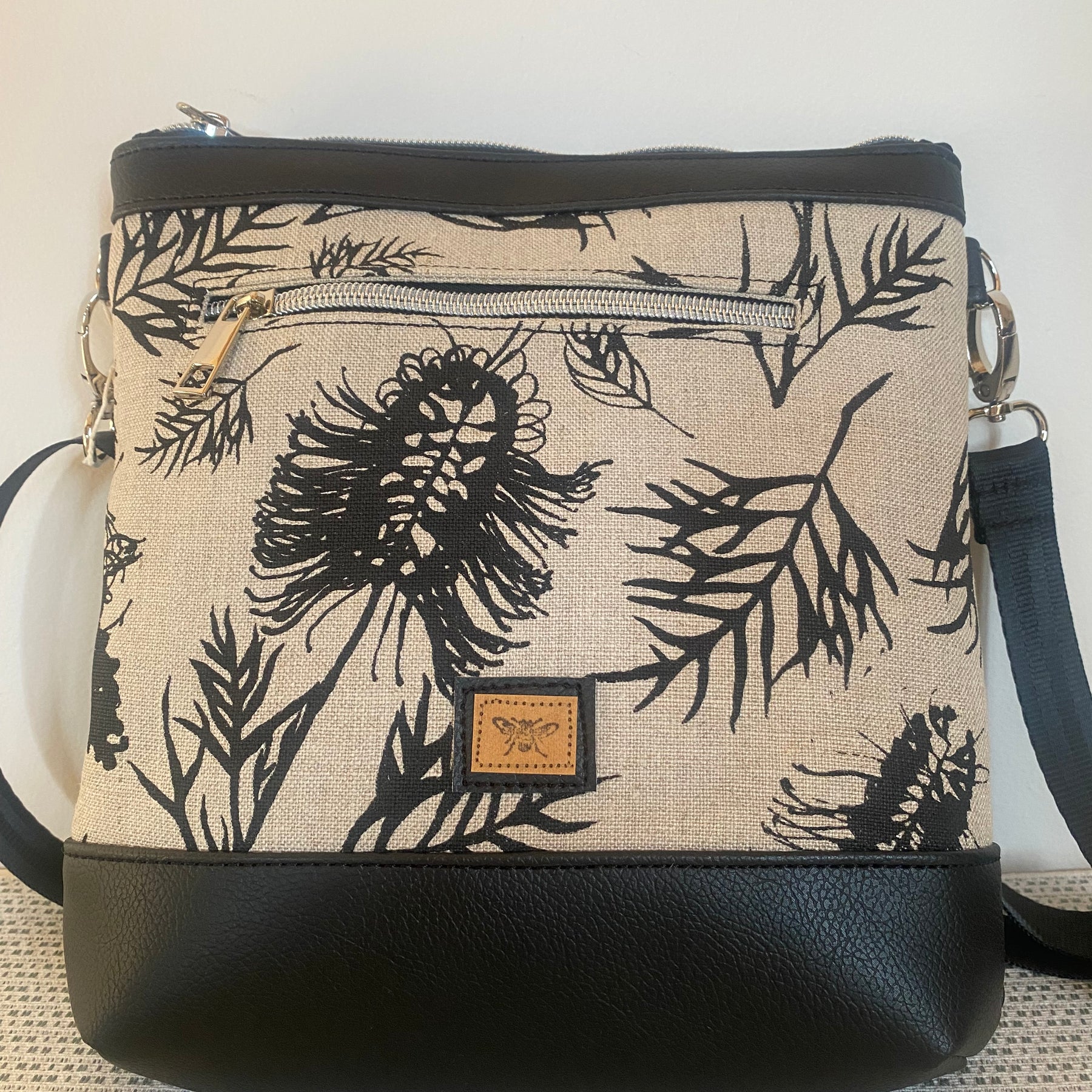 Mia Crossbody Bag - Black Grevilleas Screen Printed Linen with Black Faux Leather