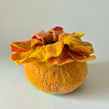 Sunflower Felted Wool Vessel with Flower Lid – Handmade Trinket Bowl