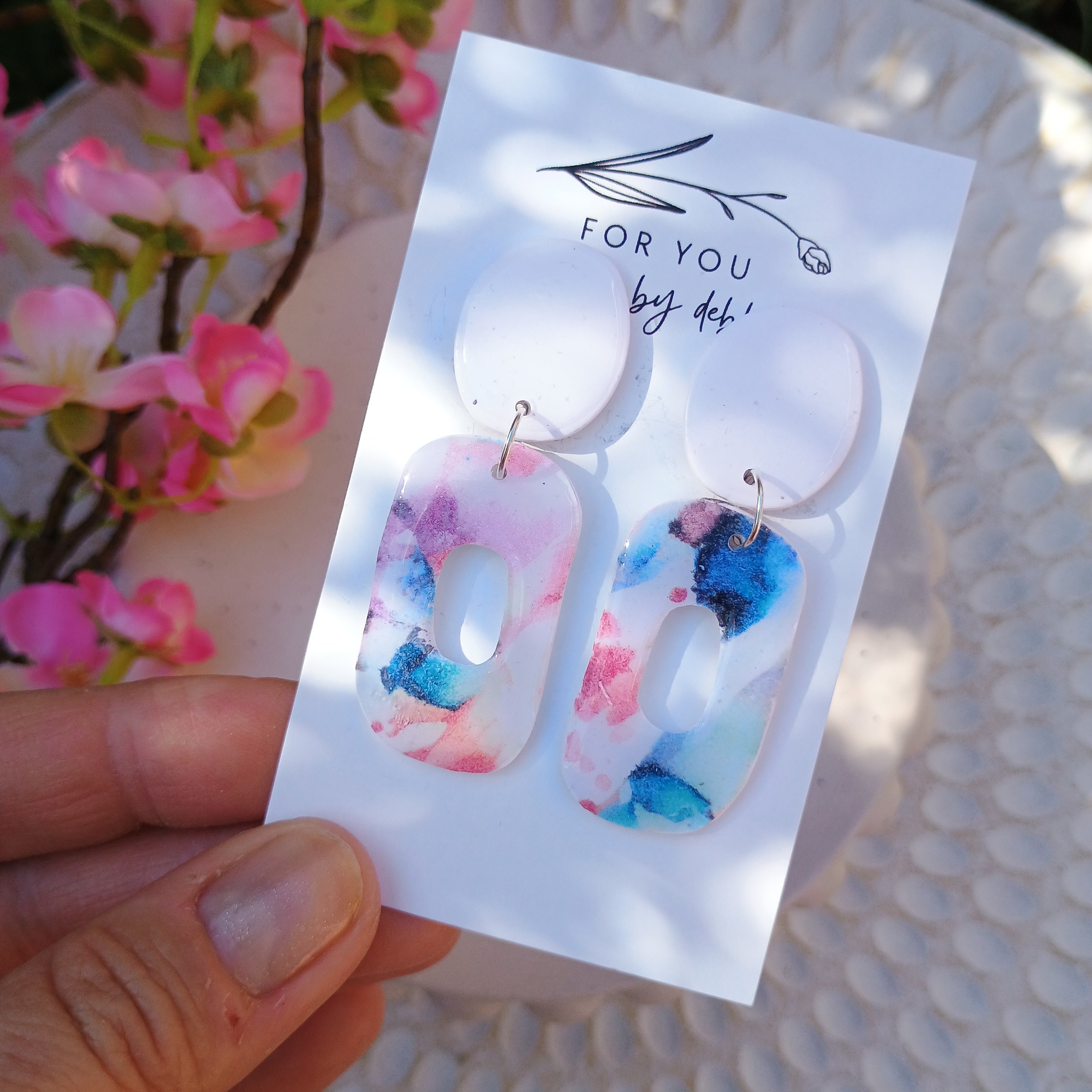 White watercolour print dangle earrings
