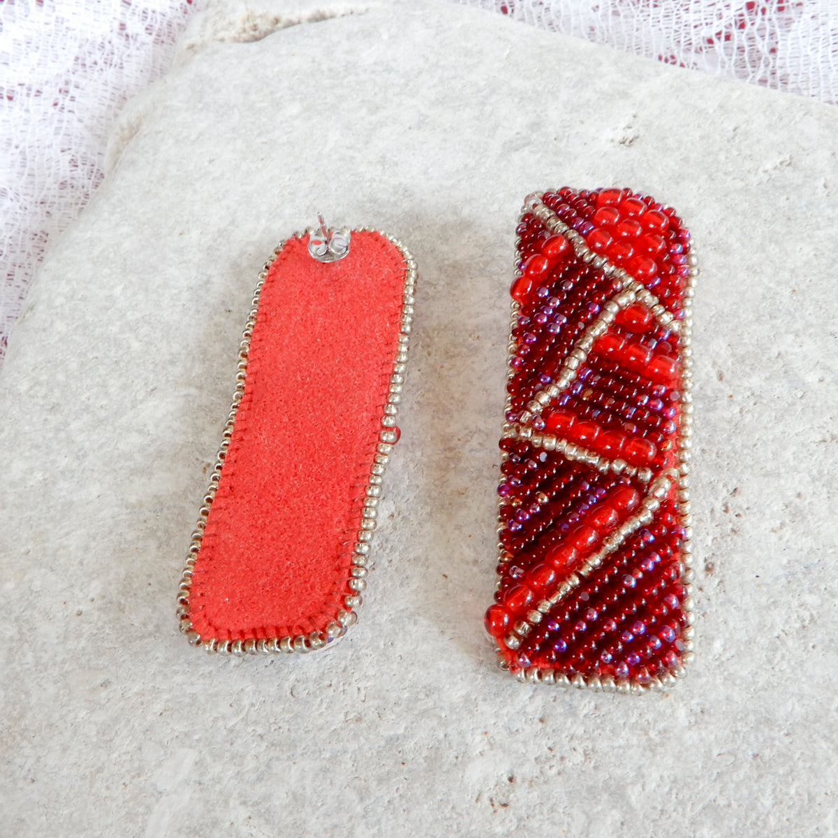 Bead Embroidered Red & Silver Earrings