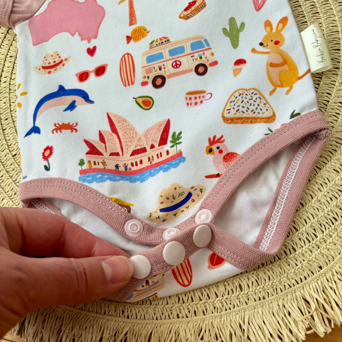 Baby Short Sleeved Bodysuit | Pink Aussie All Over | Size premmie to 2 | Made to order