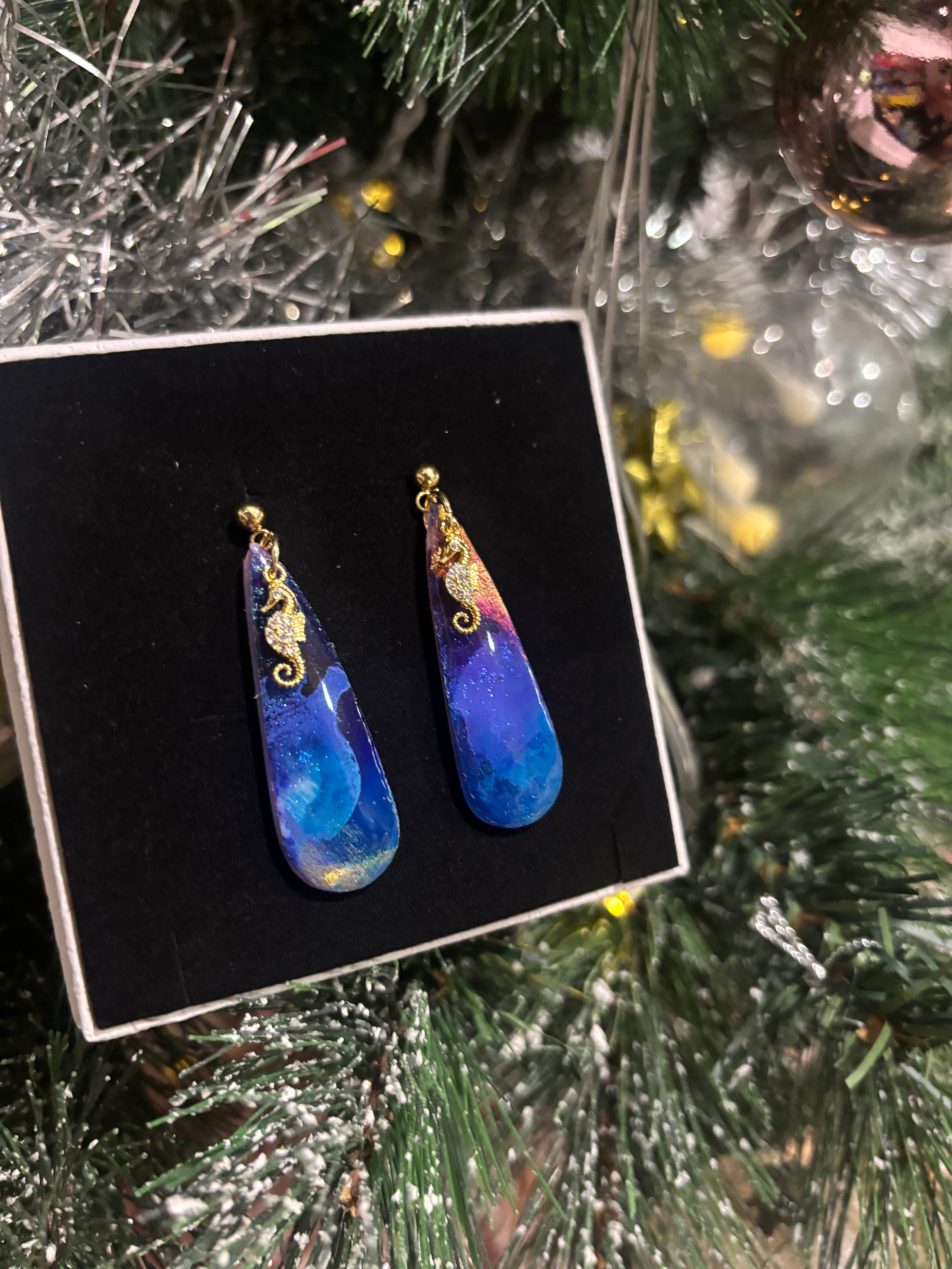 Midnight Ocean Seahorse Dangles — Resin-Coated Polymer Clay