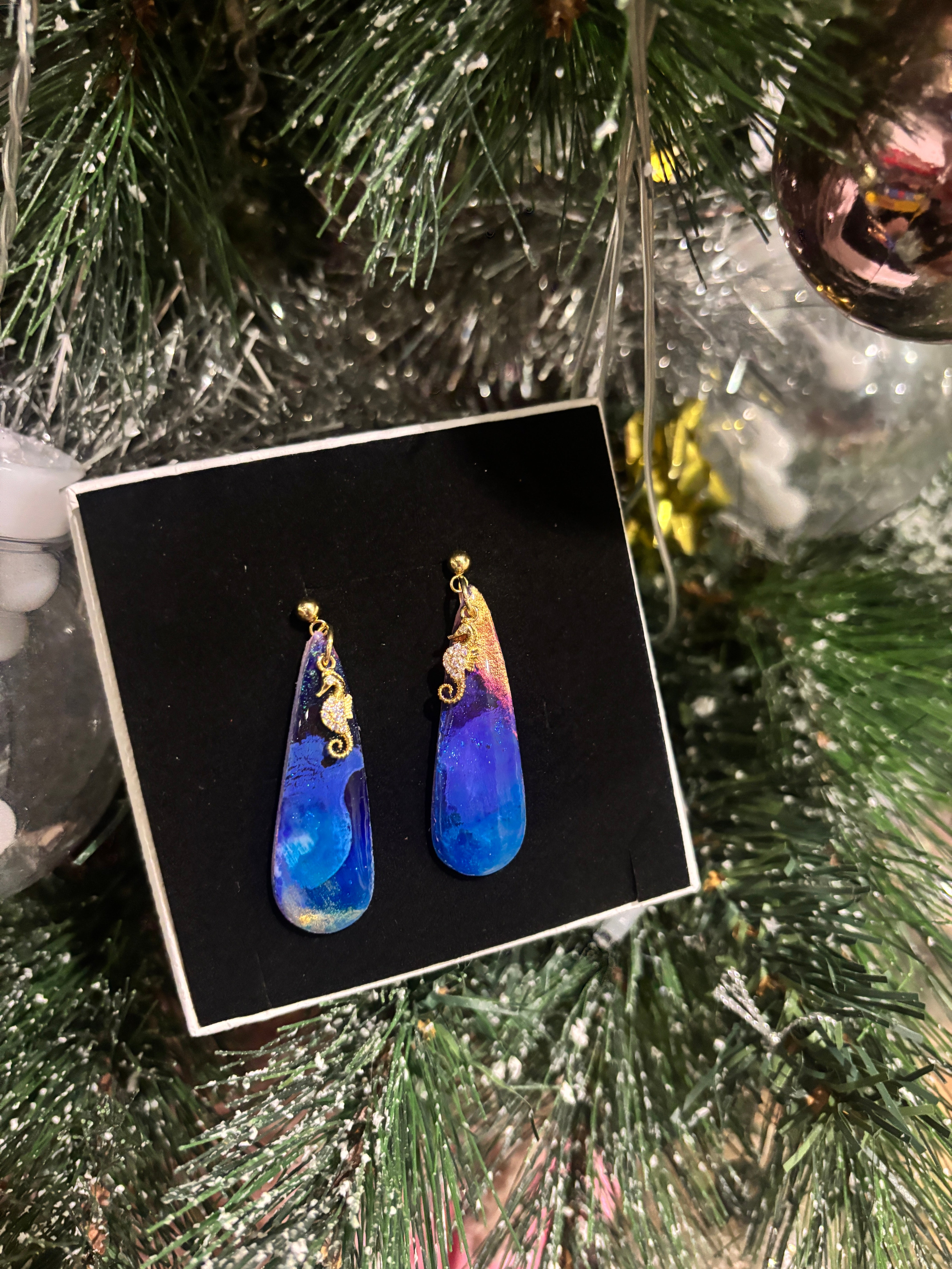 Midnight Ocean Seahorse Dangles — Resin-Coated Polymer Clay