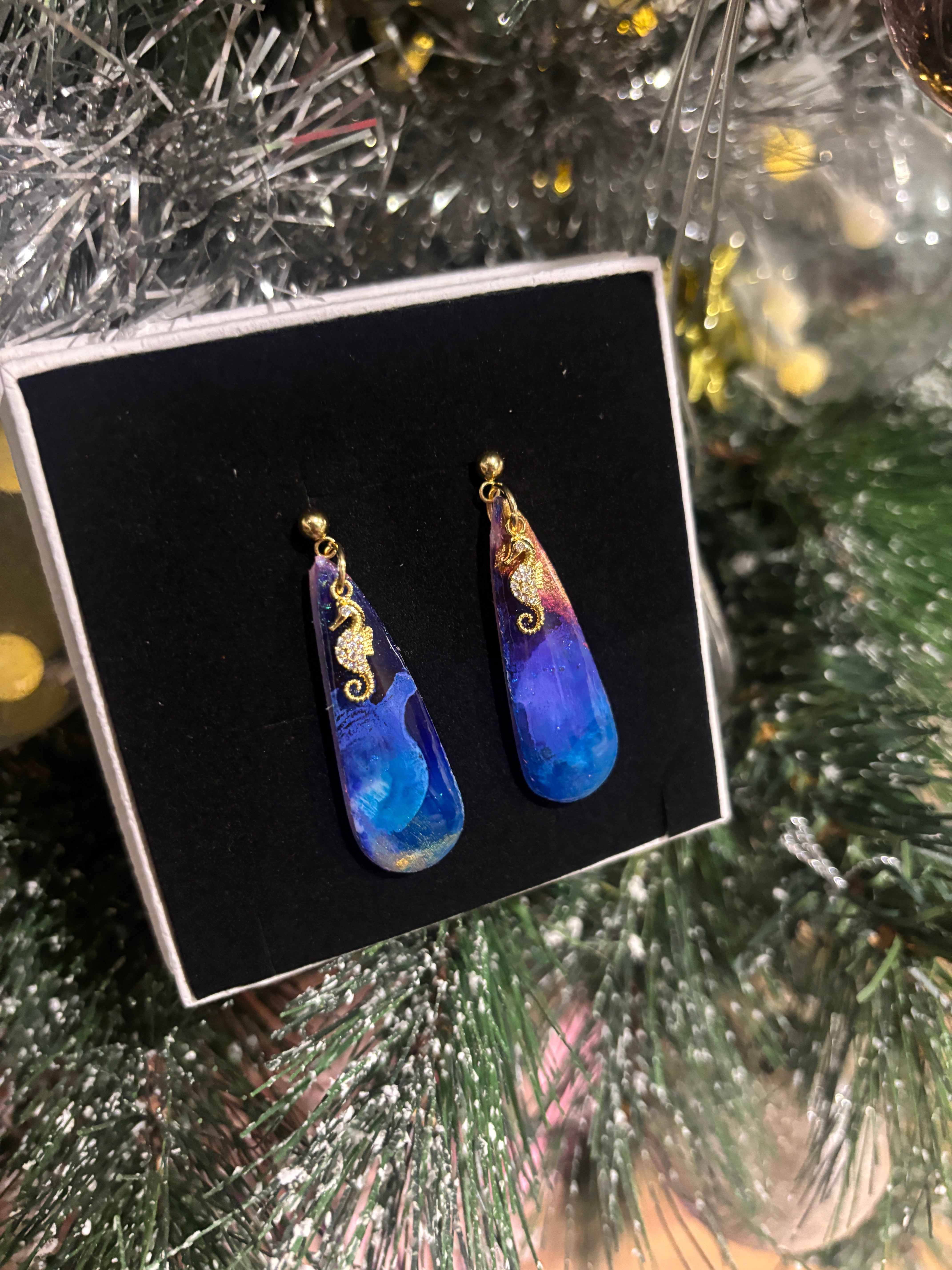 Midnight Ocean Seahorse Dangles — Resin-Coated Polymer Clay