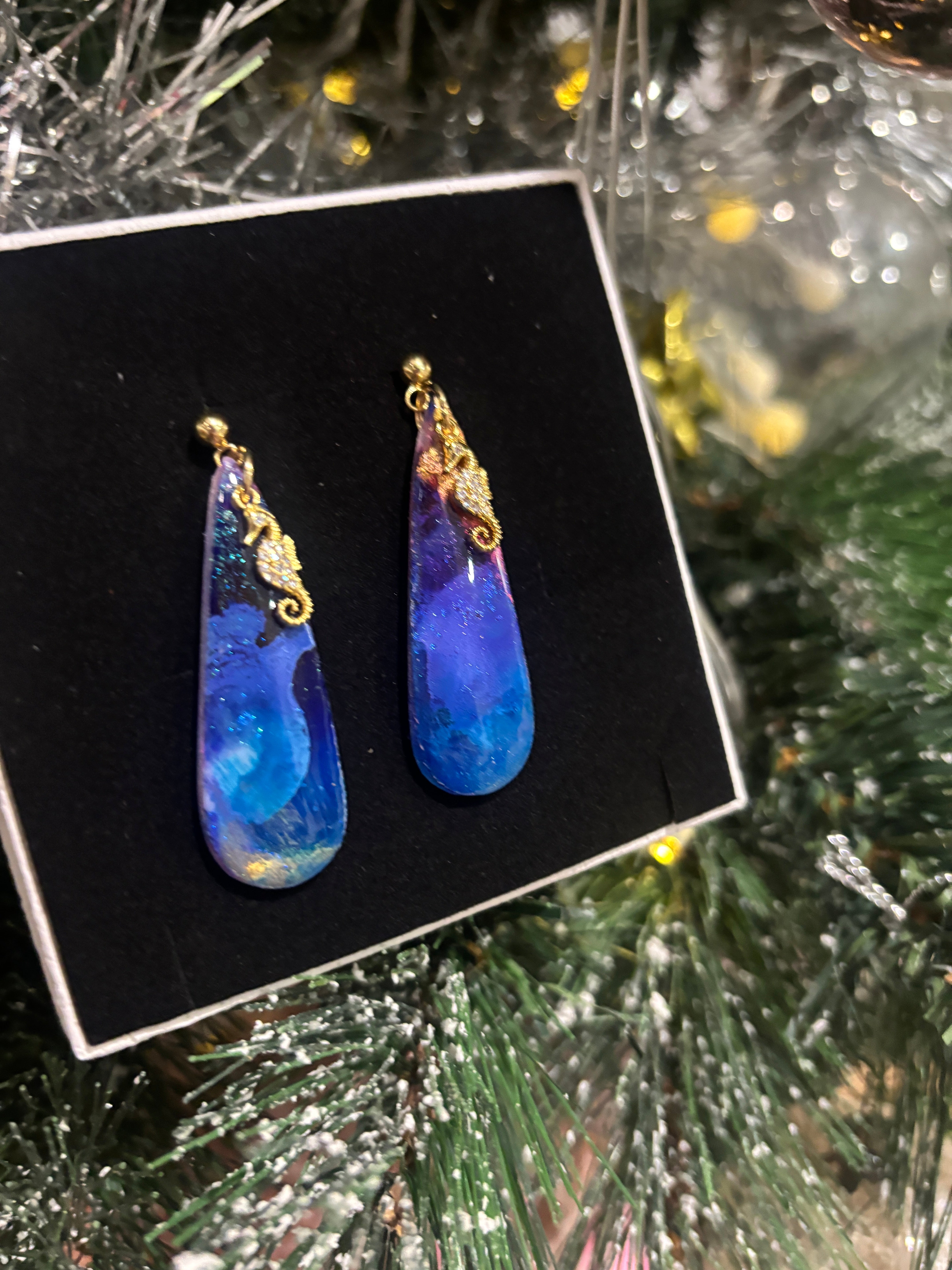 Midnight Ocean Seahorse Dangles — Resin-Coated Polymer Clay