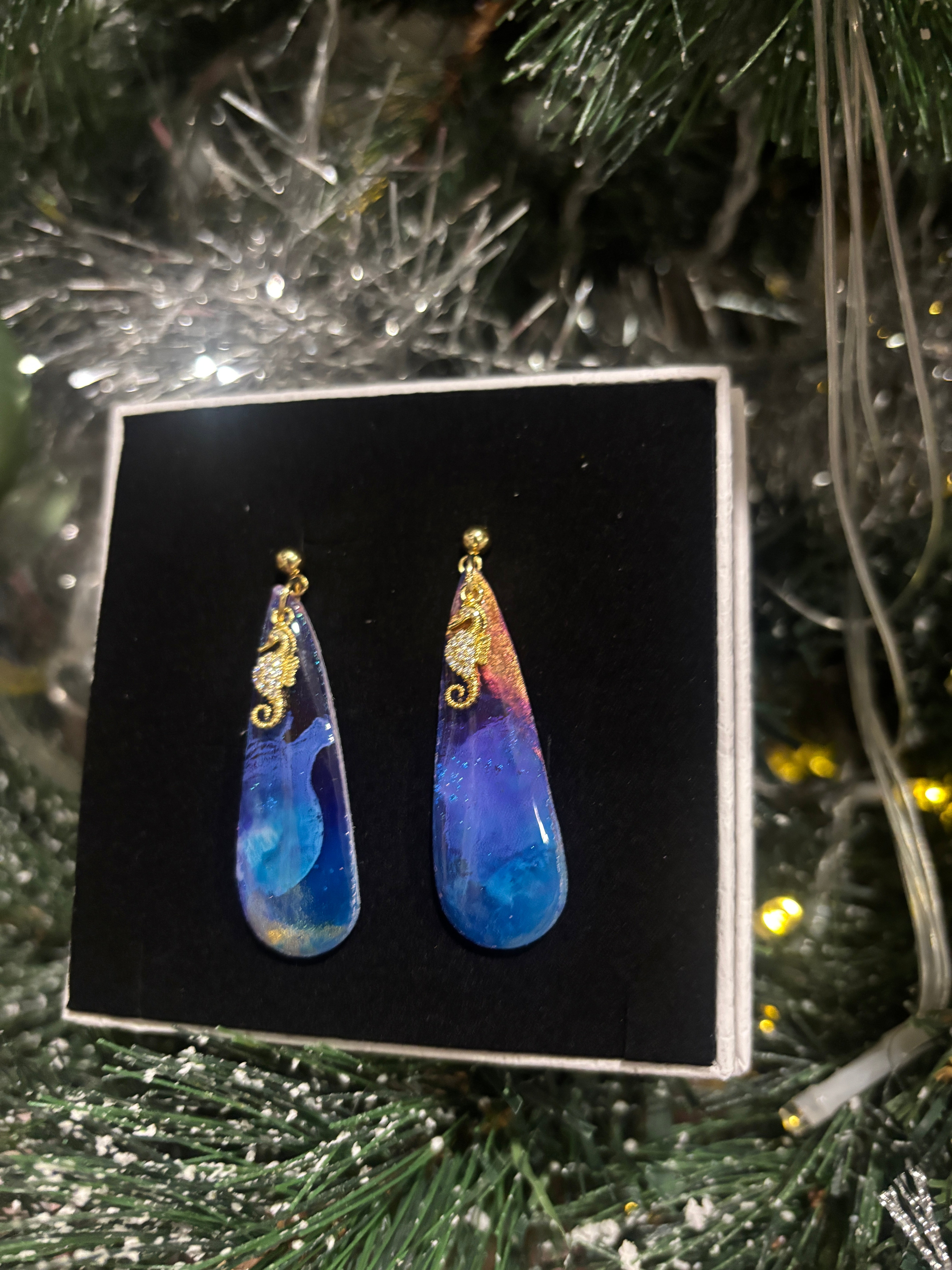 Midnight Ocean Seahorse Dangles — Resin-Coated Polymer Clay