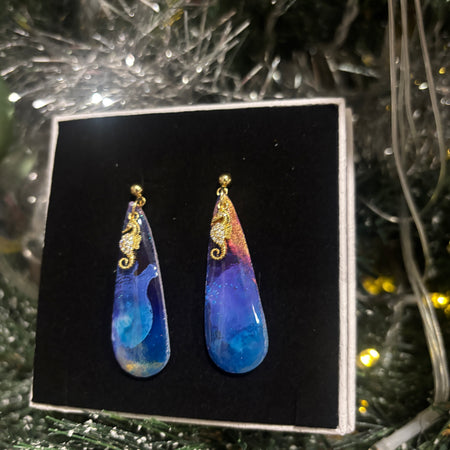 Midnight Ocean Seahorse Dangles — Resin-Coated Polymer Clay