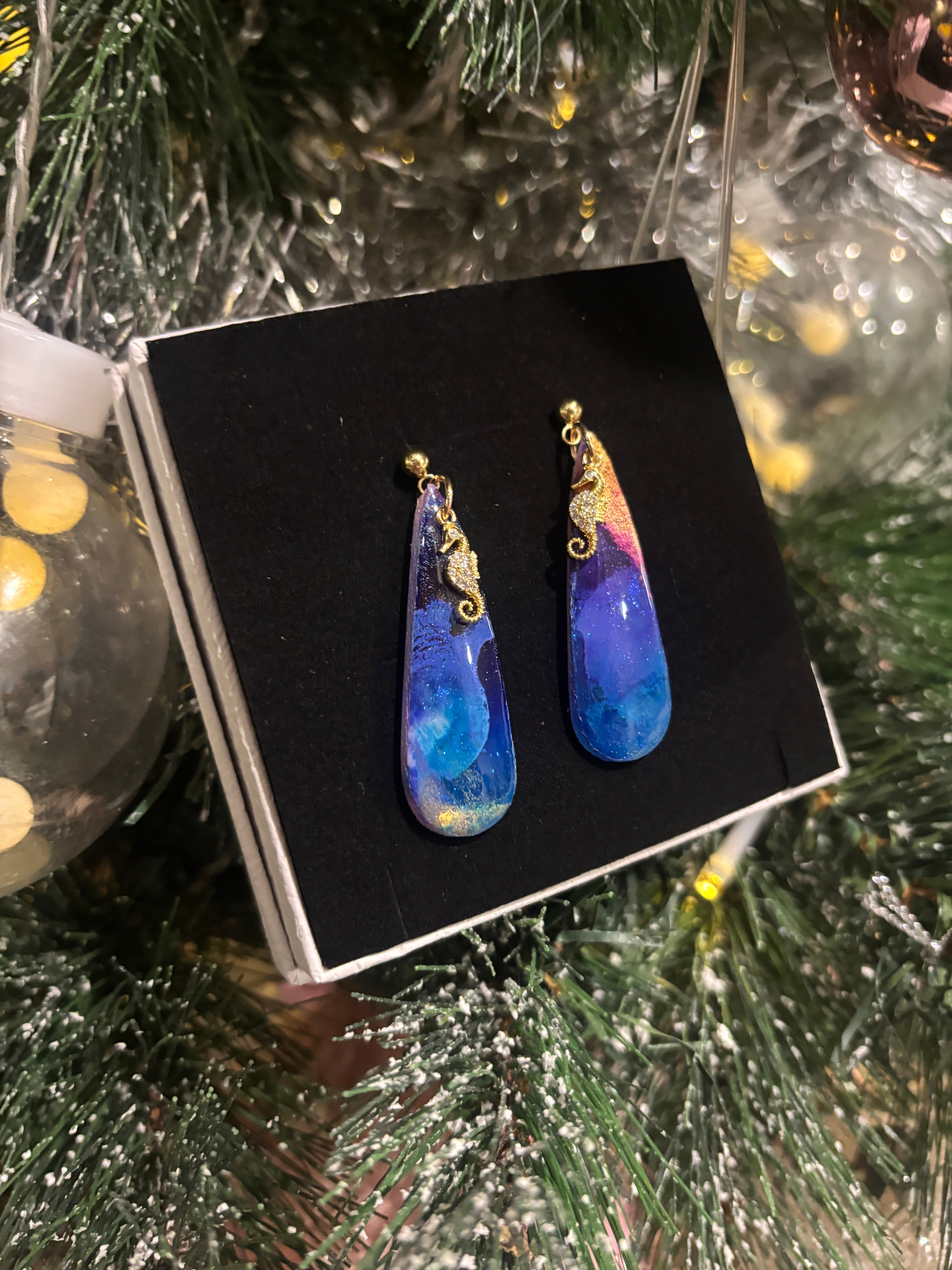 Midnight Ocean Seahorse Dangles — Resin-Coated Polymer Clay