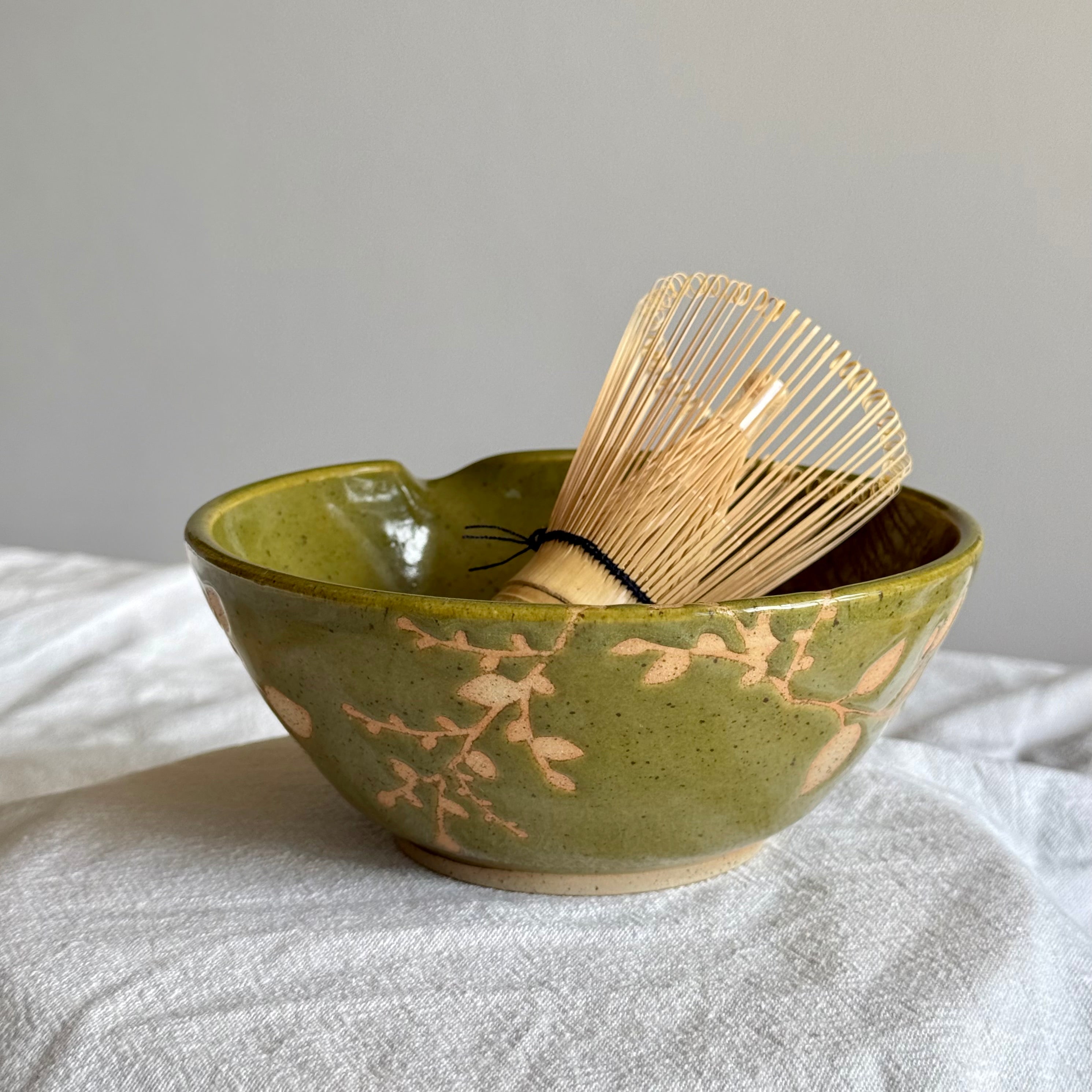 Botanica Ceramic Matcha Bowl with Pouring Lip - Optional Bamboo Whisk