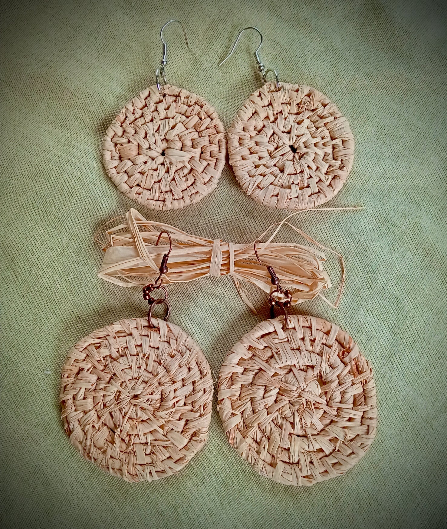 Woven Raffia Spiral Earrings, Various colours