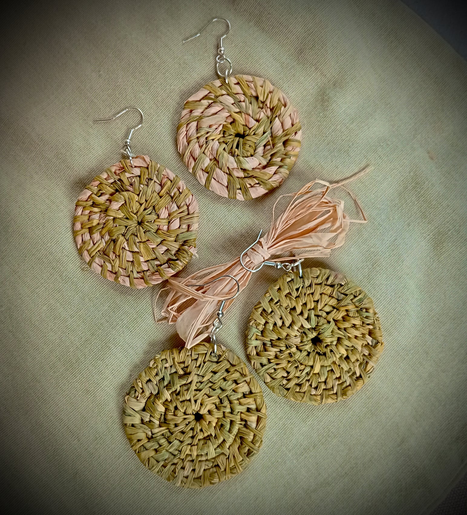 Woven Raffia Spiral Earrings, Various colours