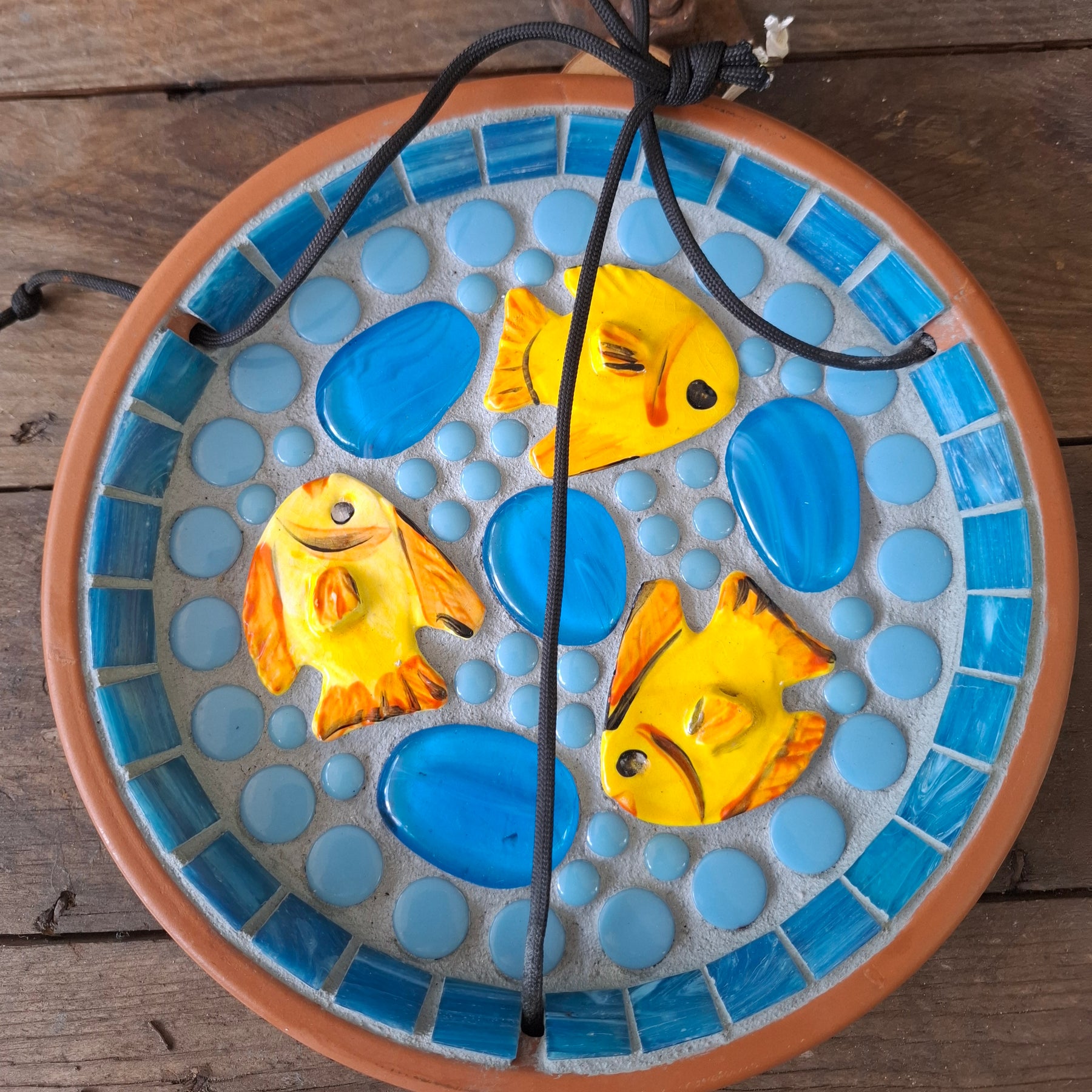 Save the Bees! Mosaic Dish with bright yellow Fish for a Bee Bath