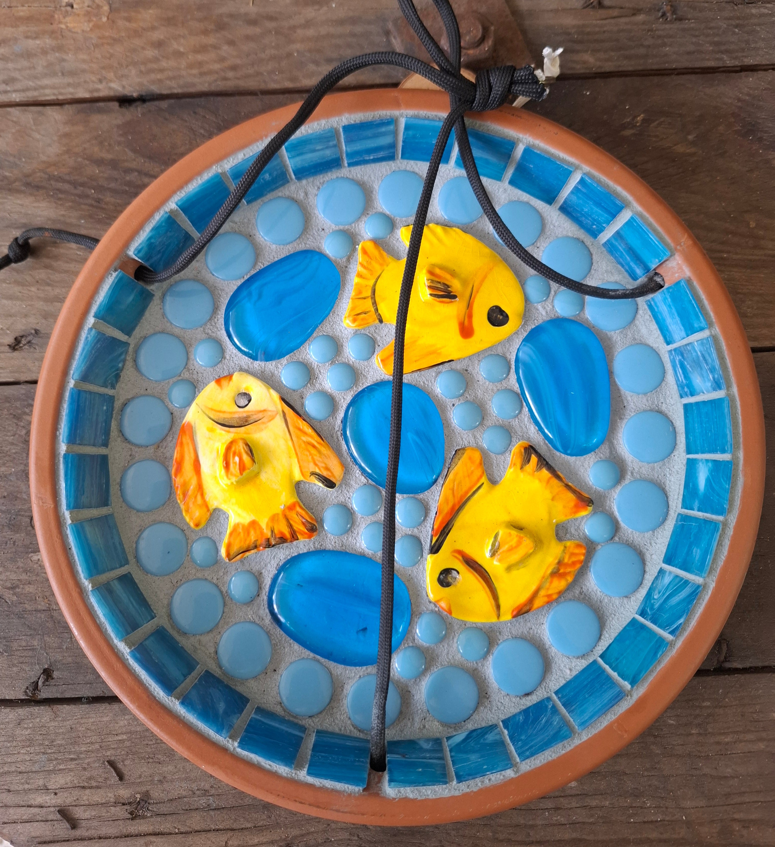 Save the Bees! Mosaic Dish with bright yellow Fish for a Bee Bath
