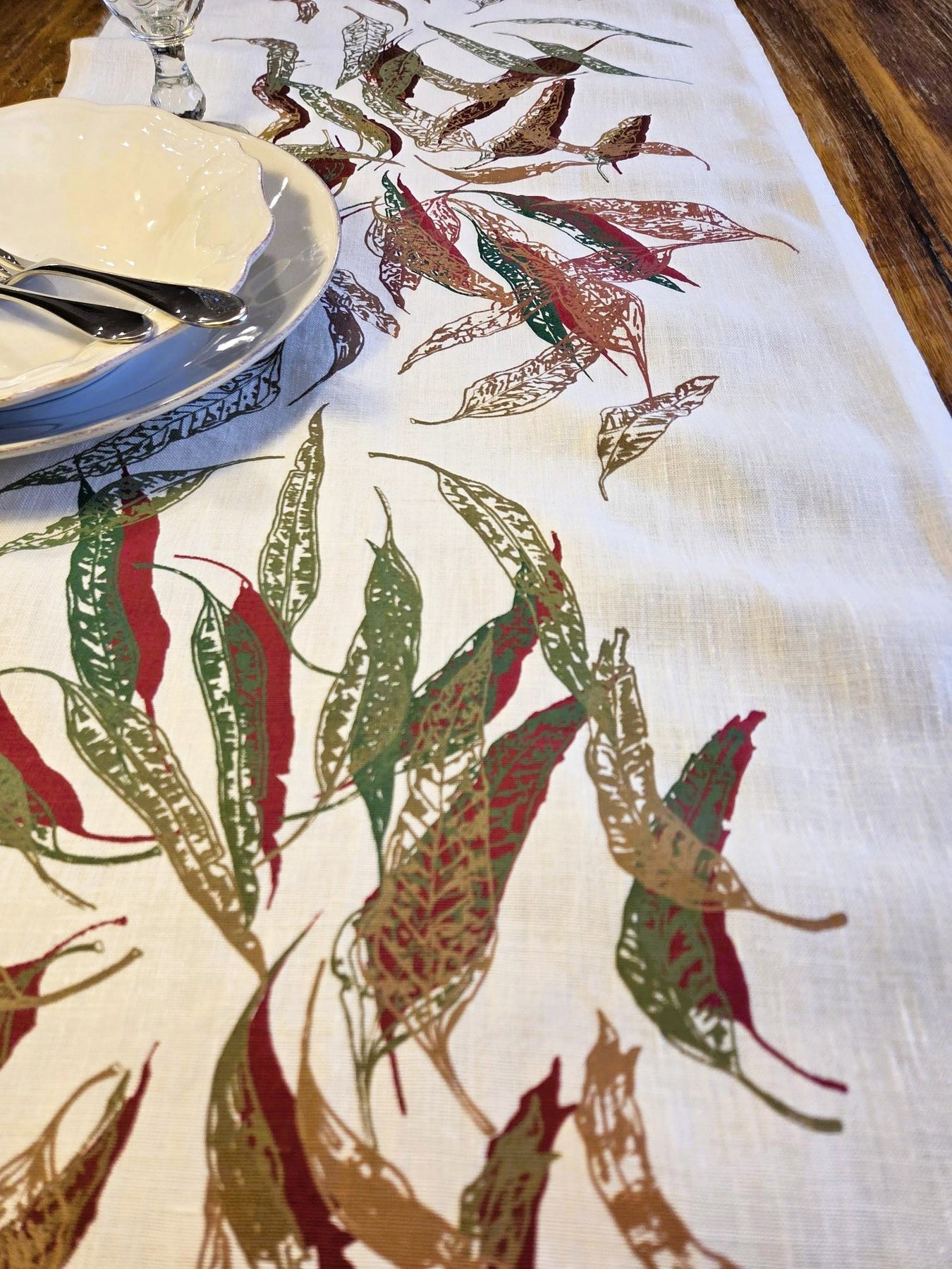 Hand Screen Printed Linen Table Runners-Eucalypt Fallen Leaves