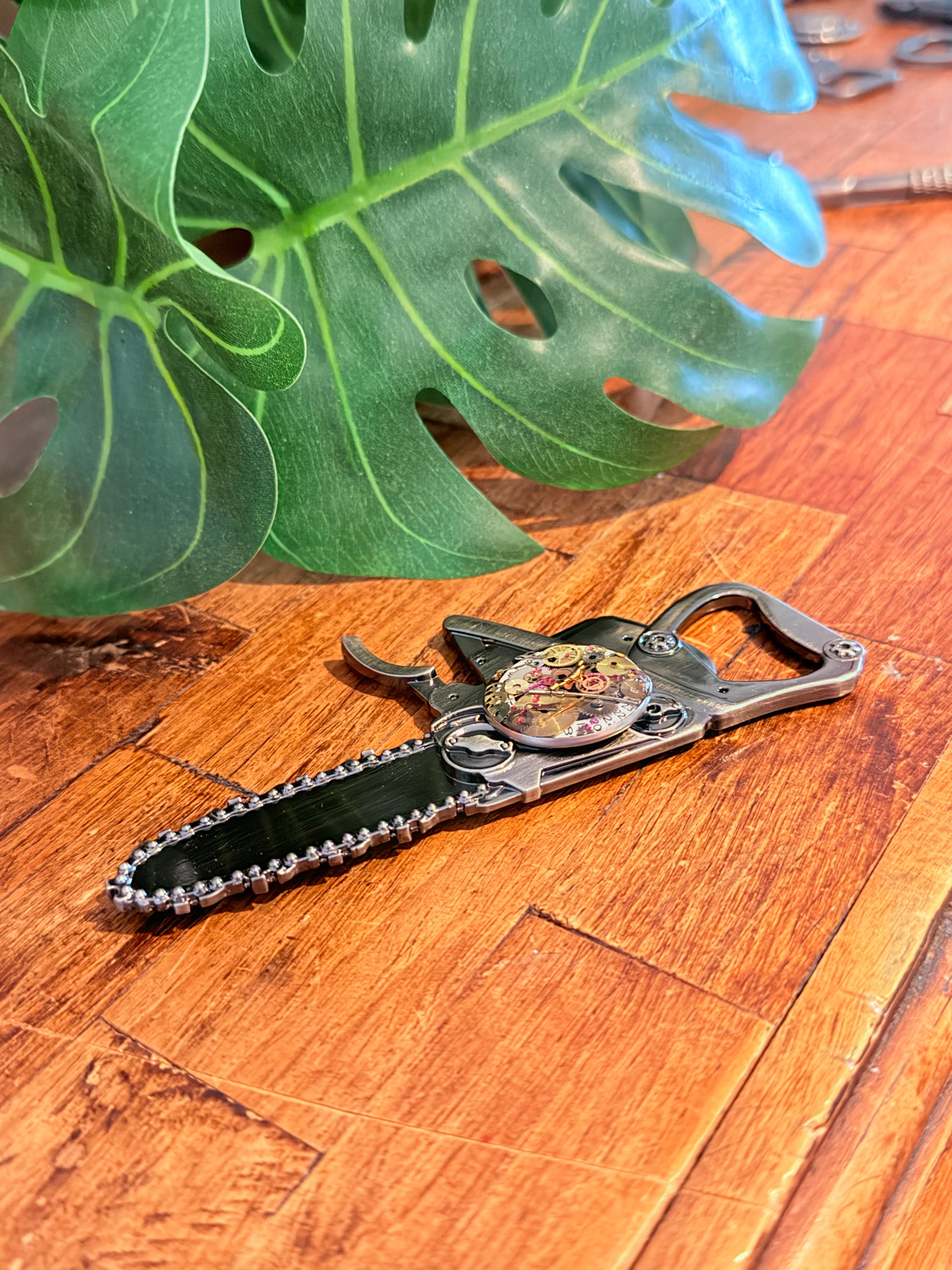 Steampunk watch parts  bottle opener (Chain Saw)