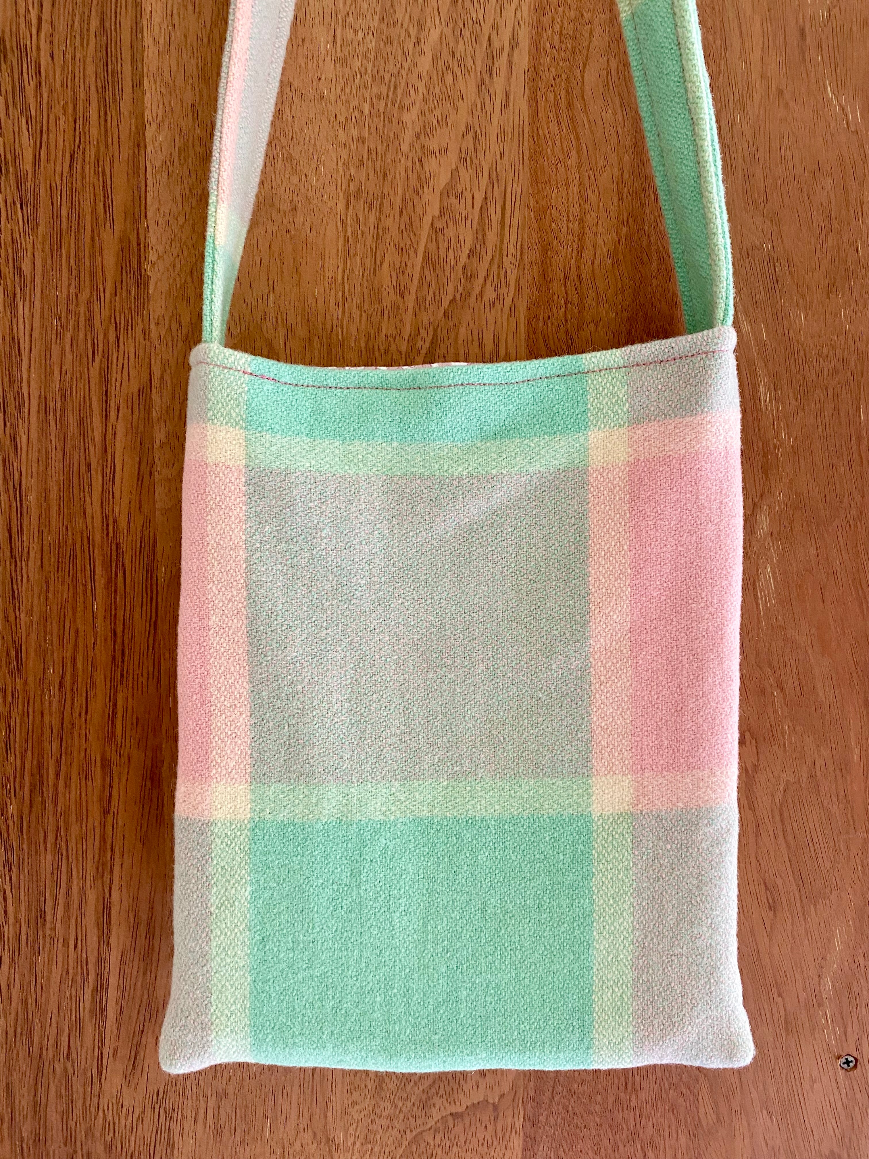 Upcycled Woollen Blanket - Cross Body Bag - Pink/Green