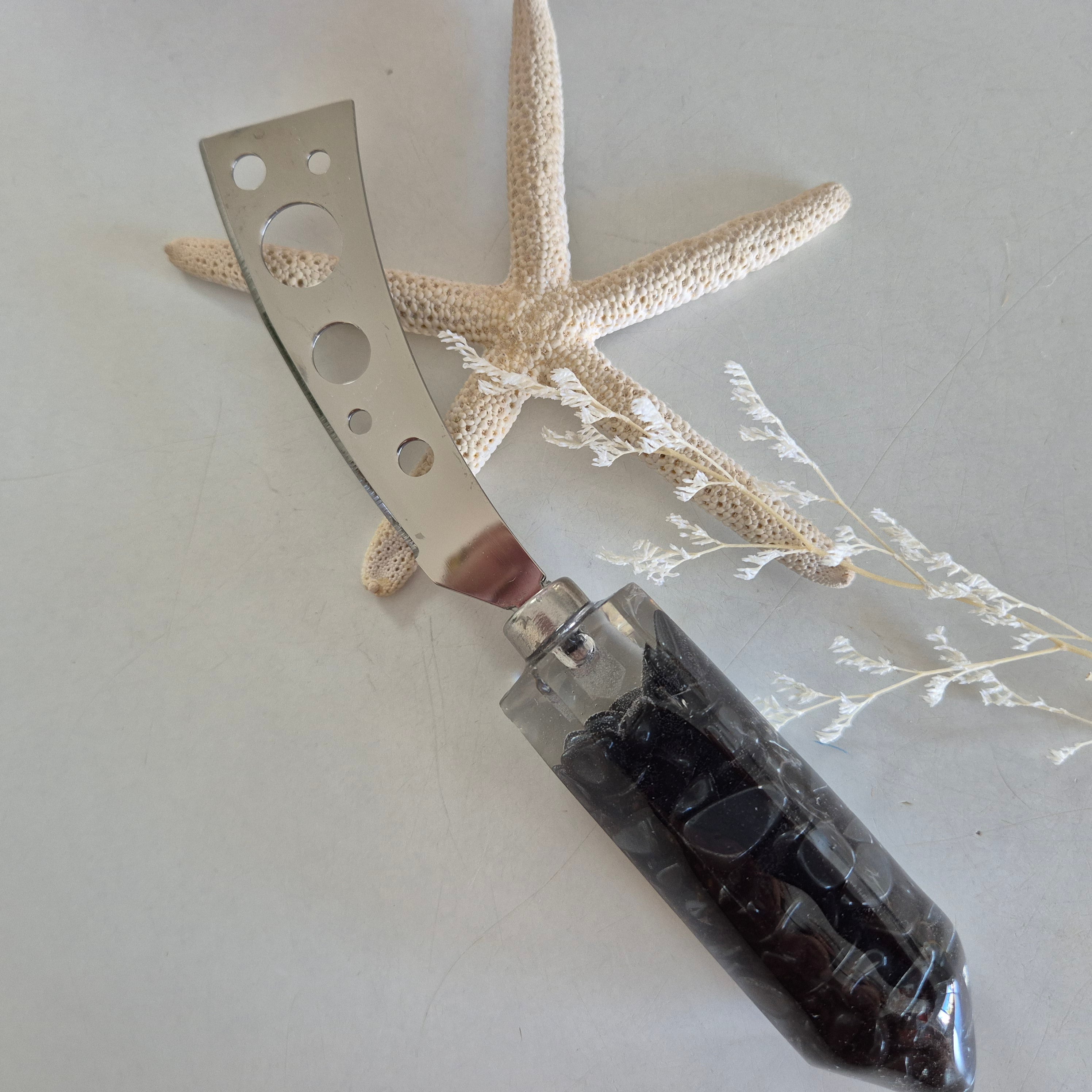Handmade resin cheese knives with inlaid stones or botanicals