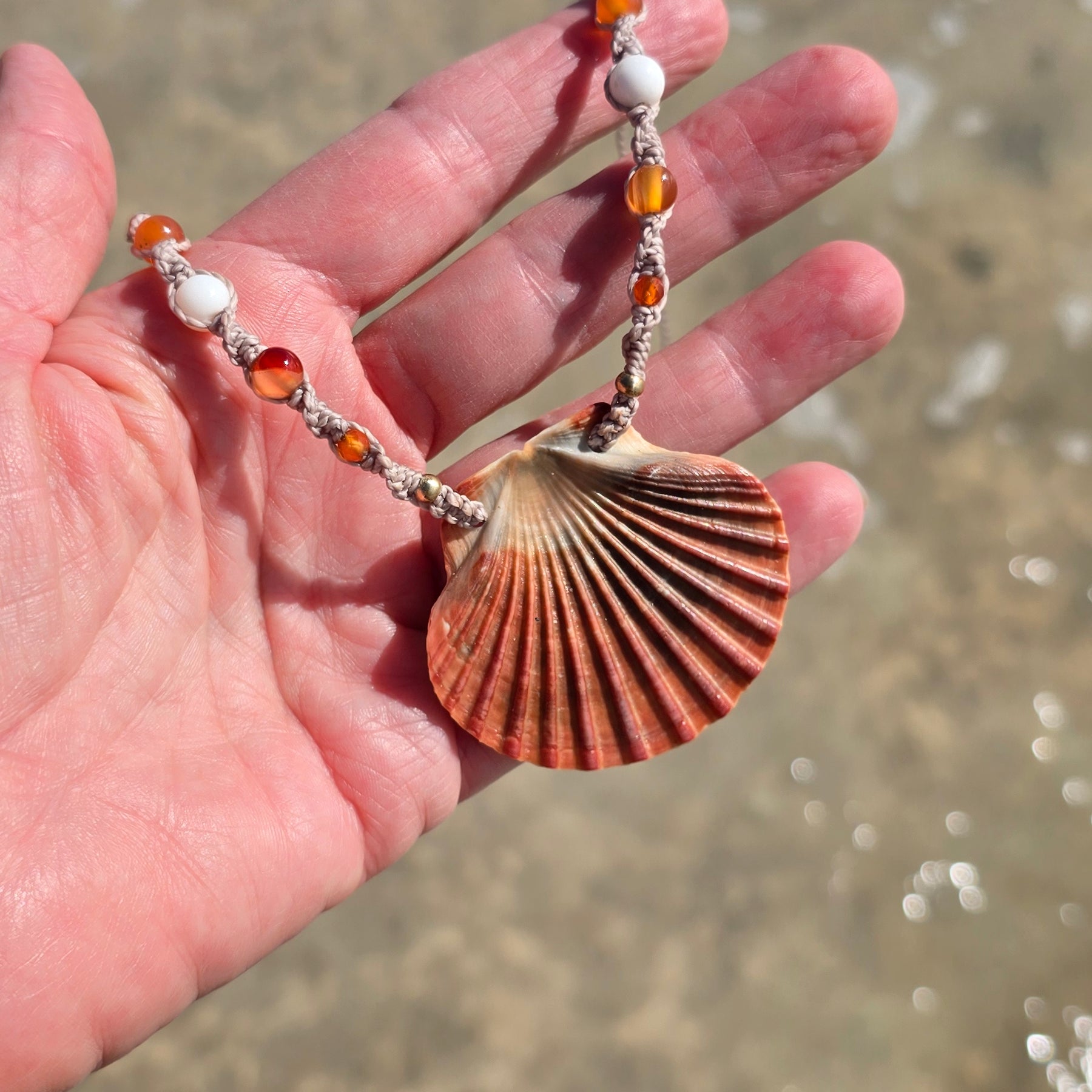 Scallop Shell Necklace with Carnelian & Shell Beads