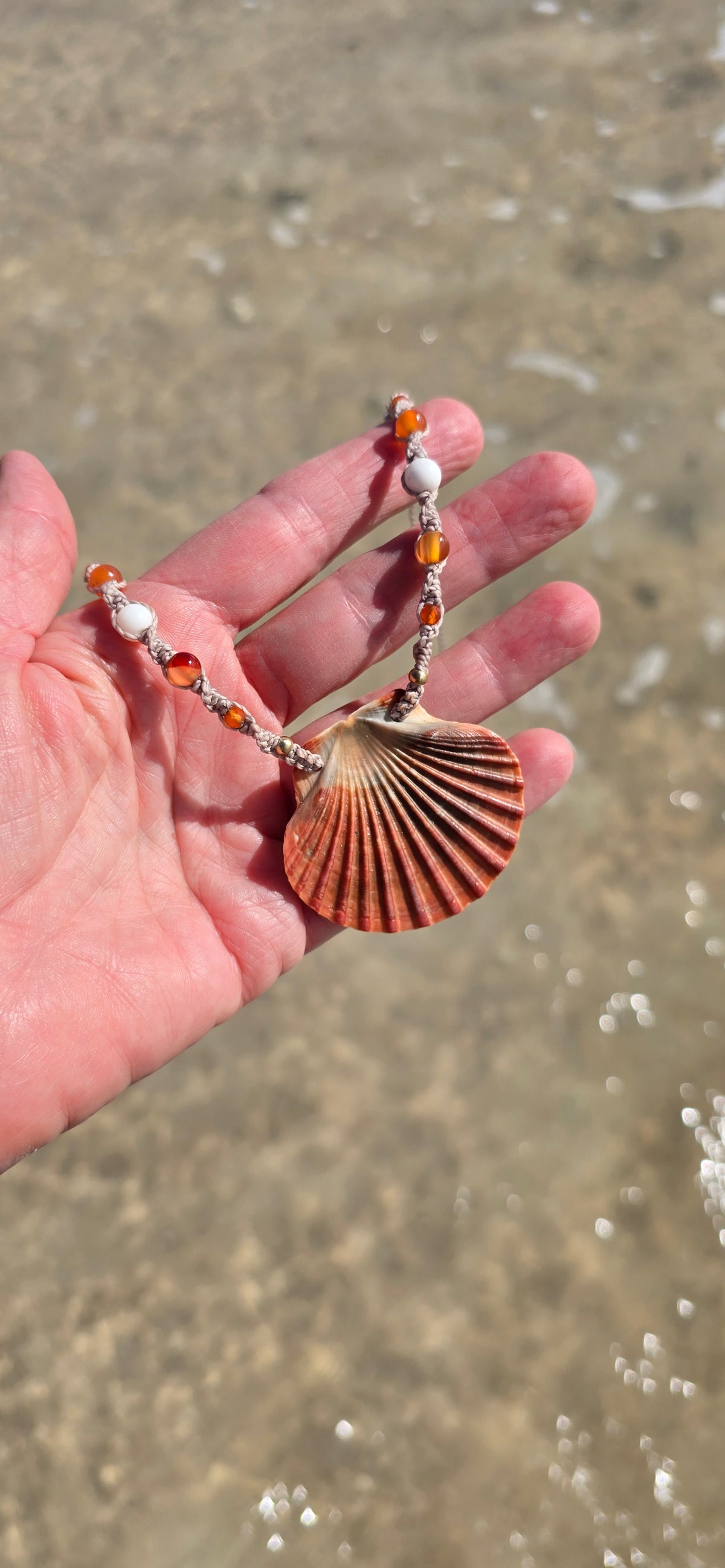 Scallop Shell Necklace with Carnelian & Shell Beads