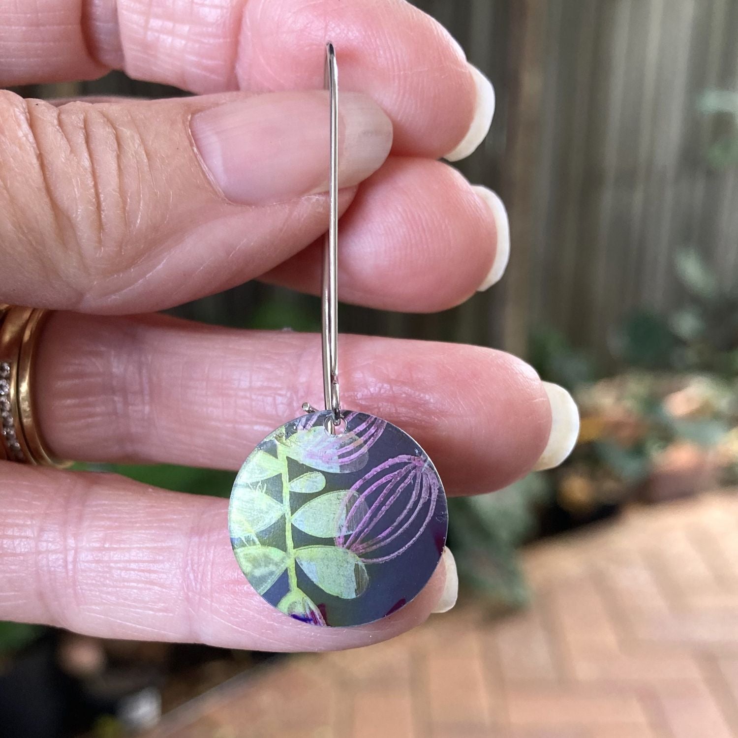 Anodised aluminium earrings hand printed, with abstract textured - Bloom on Grey Collection