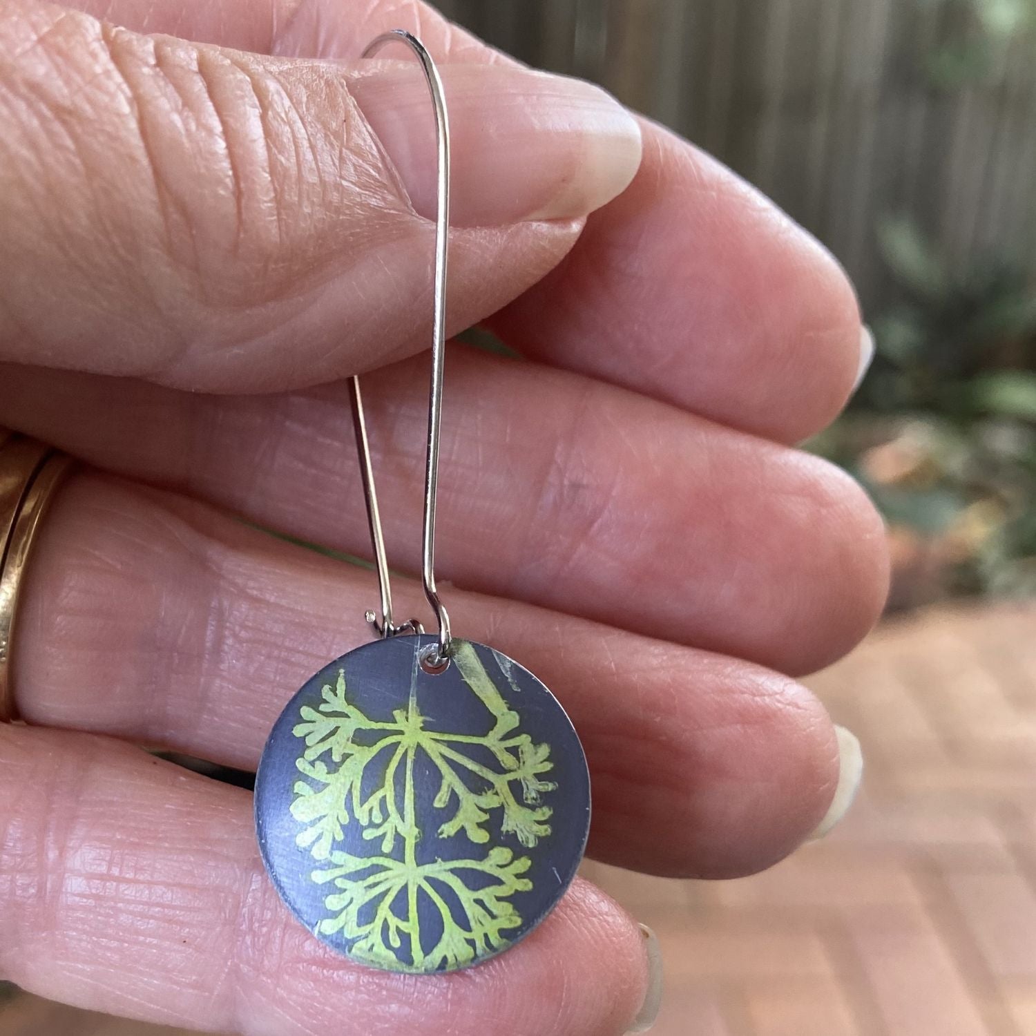 Anodised aluminium earrings hand printed, with abstract textured - Bloom on Grey Collection