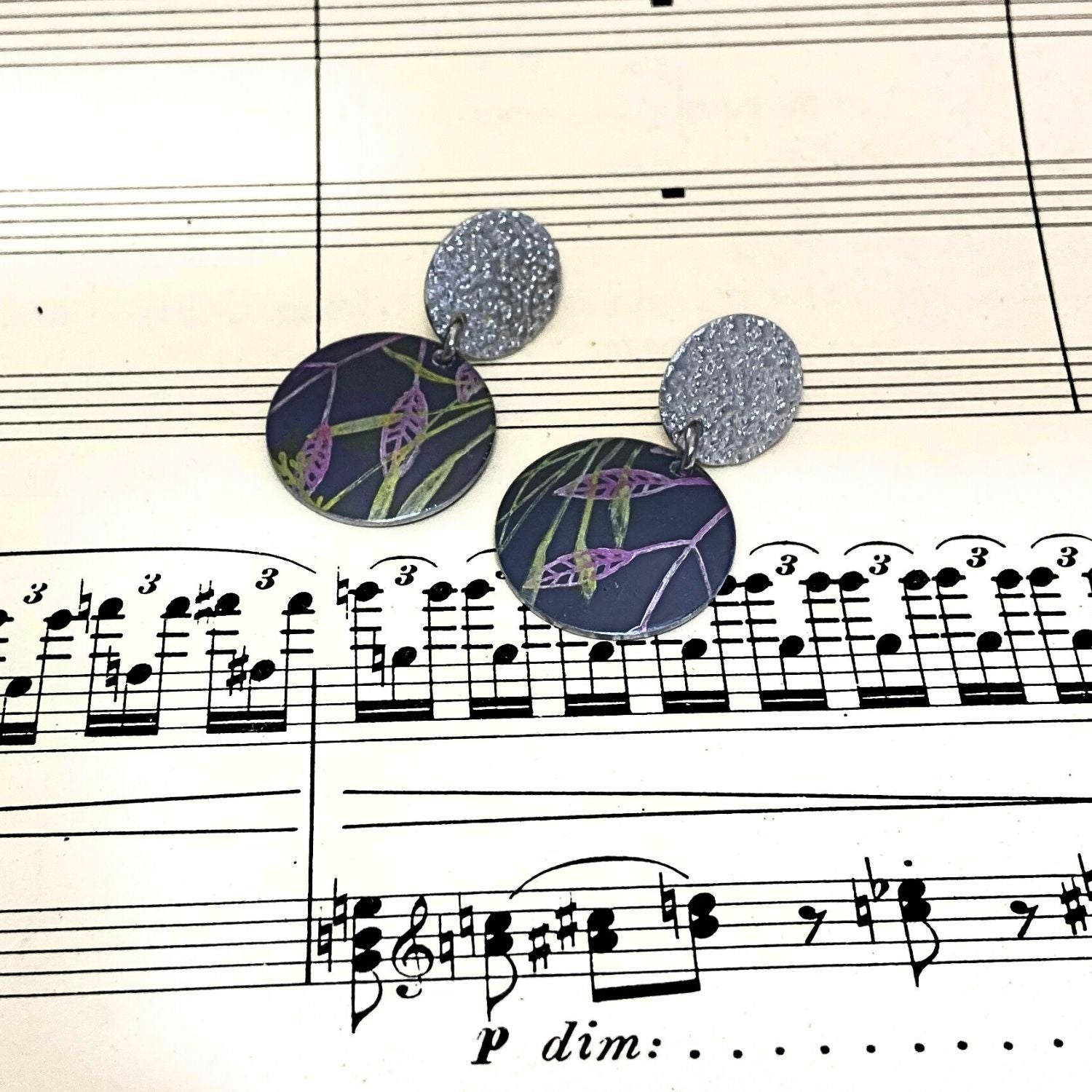 Anodised aluminium earrings hand printed, with abstract textured - Bloom on Grey Collection