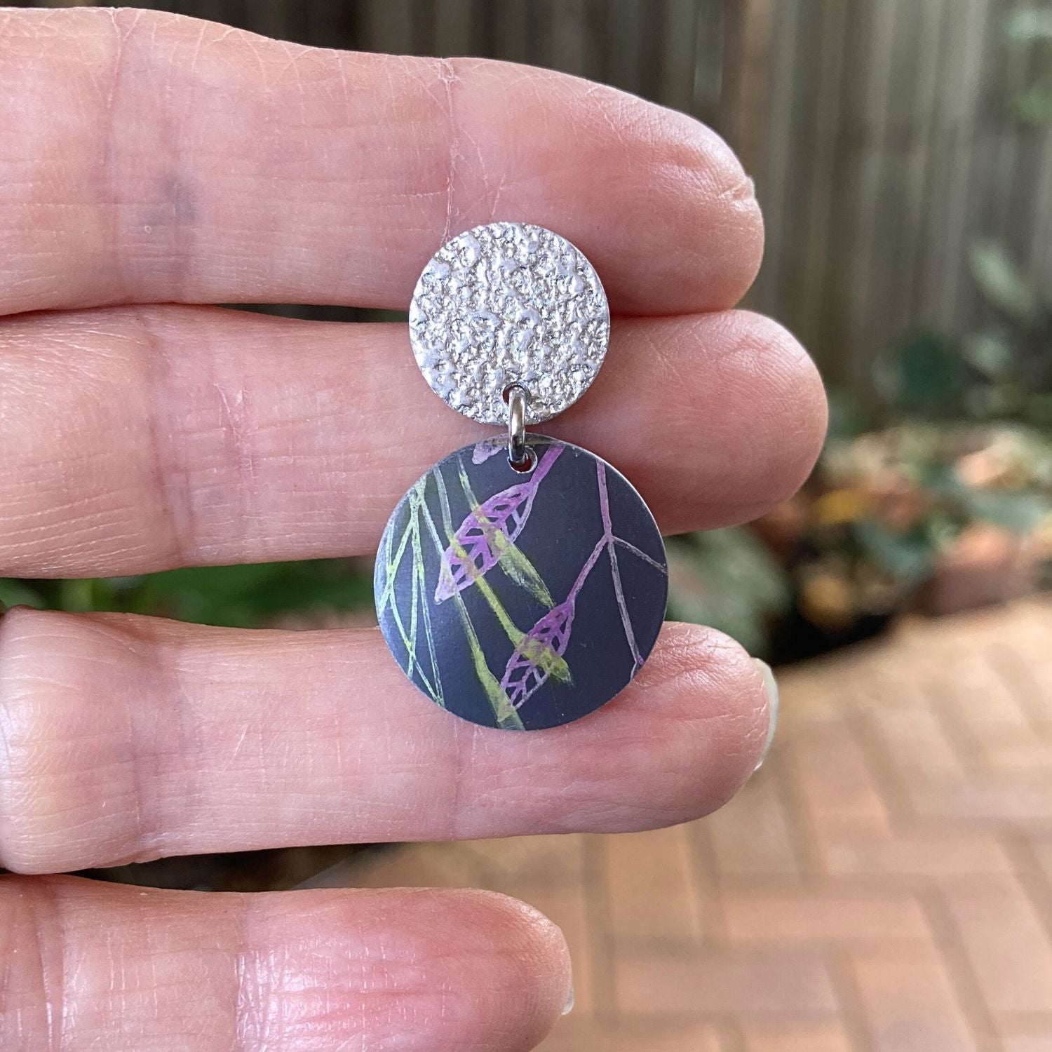 Anodised aluminium earrings hand printed, with abstract textured - Bloom on Grey Collection