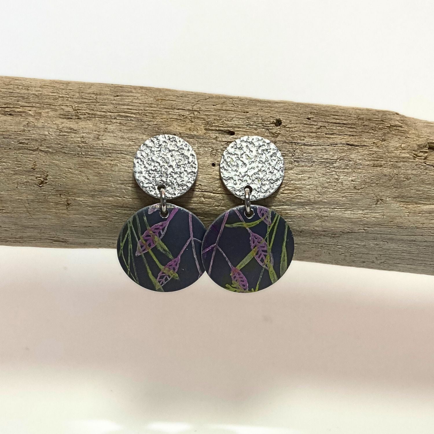 Anodised aluminium earrings hand printed, with abstract textured - Bloom on Grey Collection